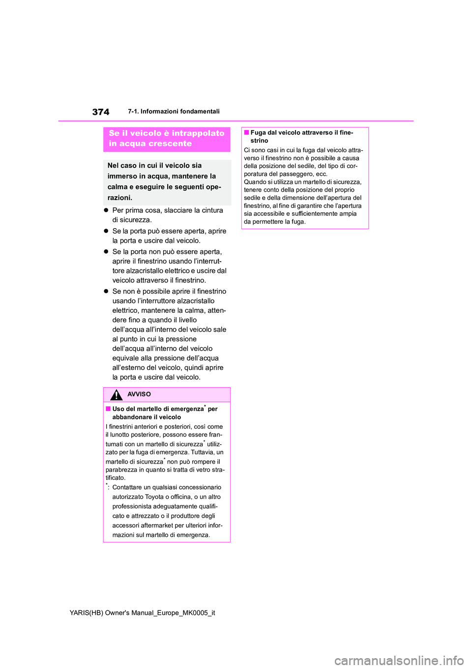 TOYOTA YARIS HATCHBACK 2021  Manuale duso (in Italian) 374
YARIS(HB) Owners Manual_Europe_MK0005_it
7-1. Informazioni fondamentali
�zPer prima cosa, slacciare la cintura  
di sicurezza. 
�z Se la porta può essere aperta, aprire  
la porta e uscire dal v