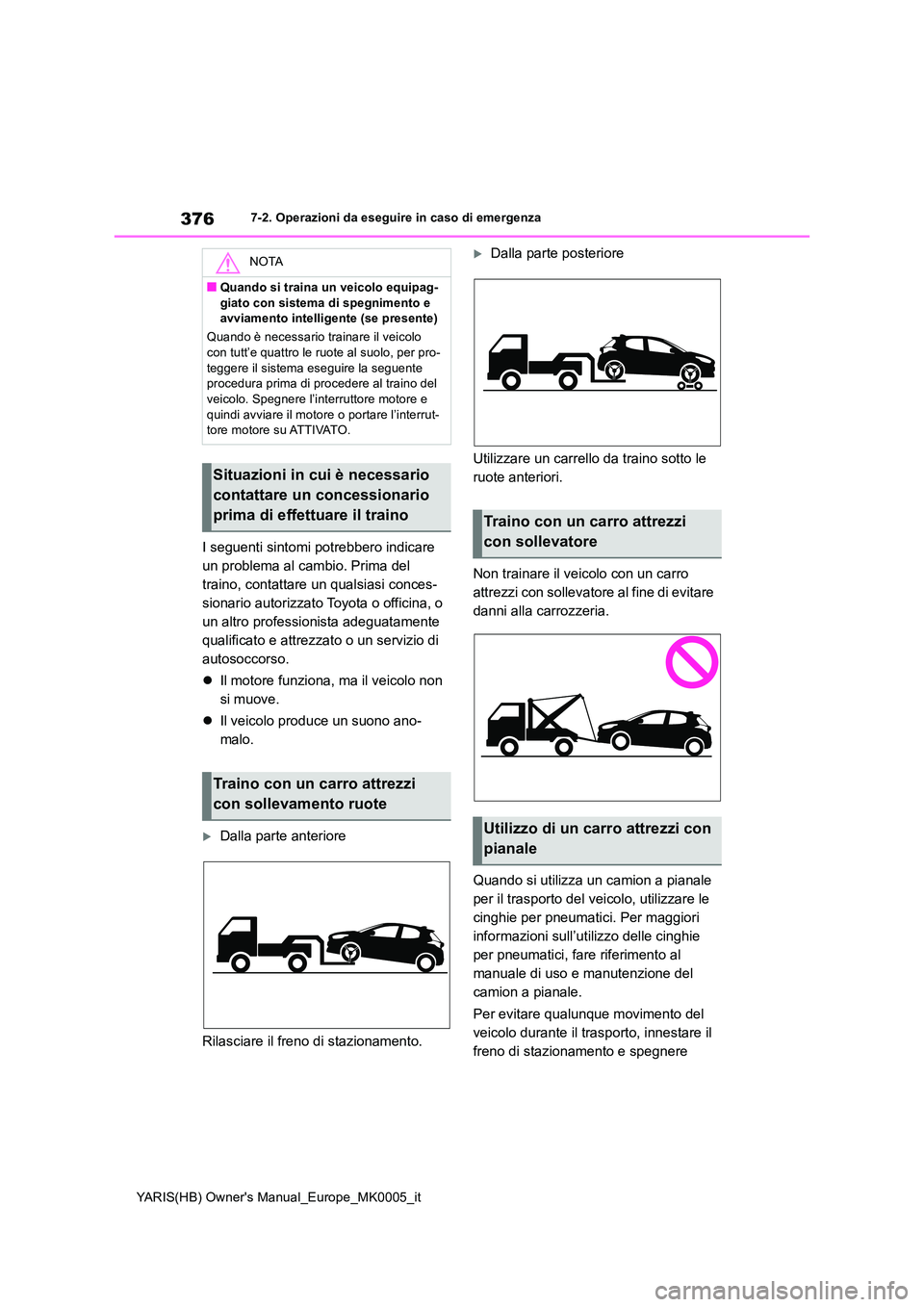 TOYOTA YARIS HATCHBACK 2021  Manuale duso (in Italian) 376
YARIS(HB) Owners Manual_Europe_MK0005_it
7-2. Operazioni da eseguire in caso di emergenza
I seguenti sintomi potrebbero indicare  
un problema al cambio. Prima del 
traino, contattare un qualsias