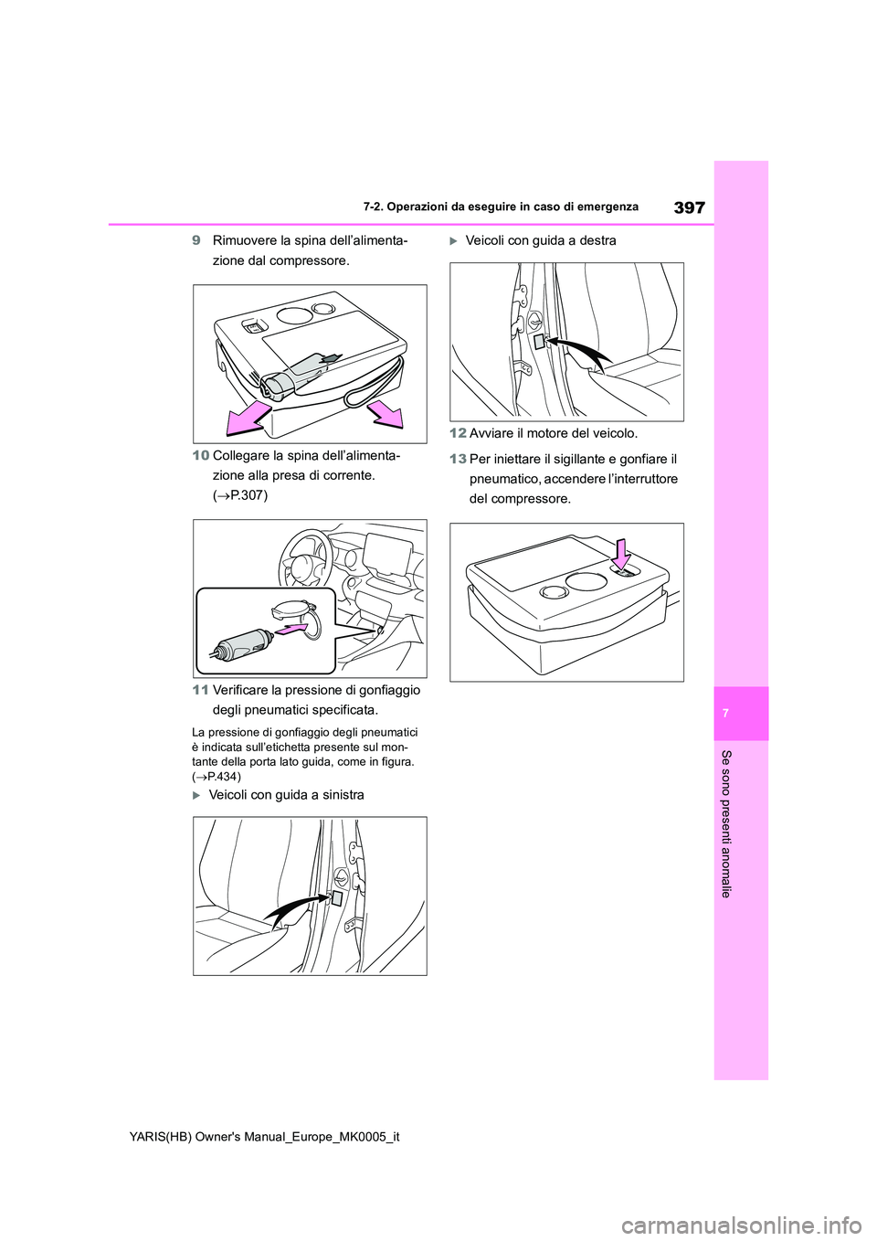 TOYOTA YARIS HATCHBACK 2021  Manuale duso (in Italian) 397
7
YARIS(HB) Owners Manual_Europe_MK0005_it
7-2. Operazioni da eseguire in caso di emergenza
Se sono presenti anomalie
9Rimuovere la spina dell’alimenta- 
zione dal compressore. 
10 Collegare la