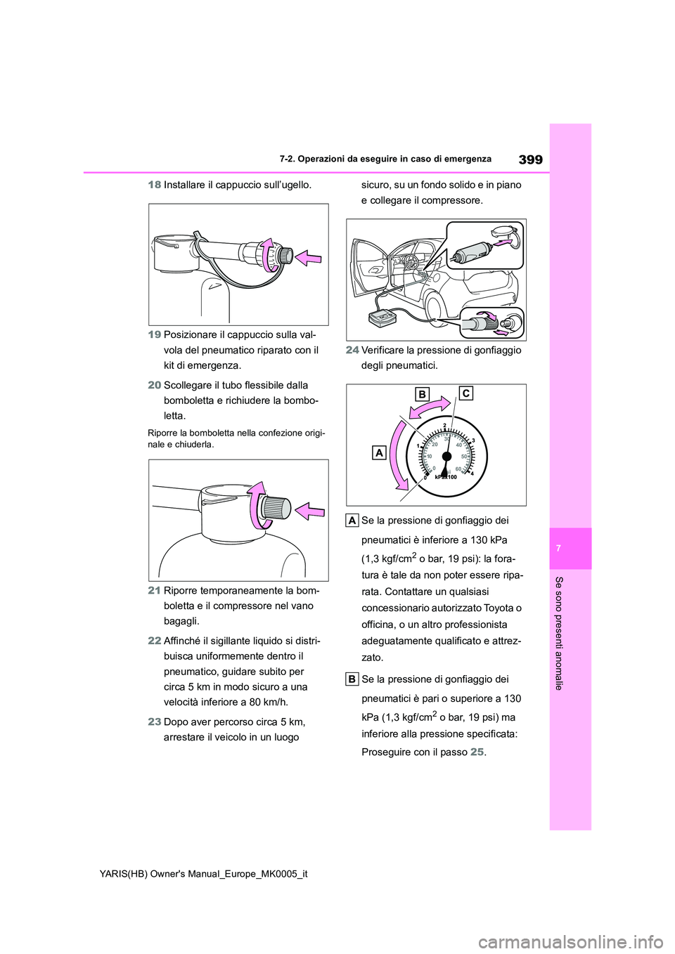 TOYOTA YARIS HATCHBACK 2021  Manuale duso (in Italian) 399
7
YARIS(HB) Owners Manual_Europe_MK0005_it
7-2. Operazioni da eseguire in caso di emergenza
Se sono presenti anomalie
18Installare il cappuccio sull’ugello. 
19 Posizionare il cappuccio sulla v