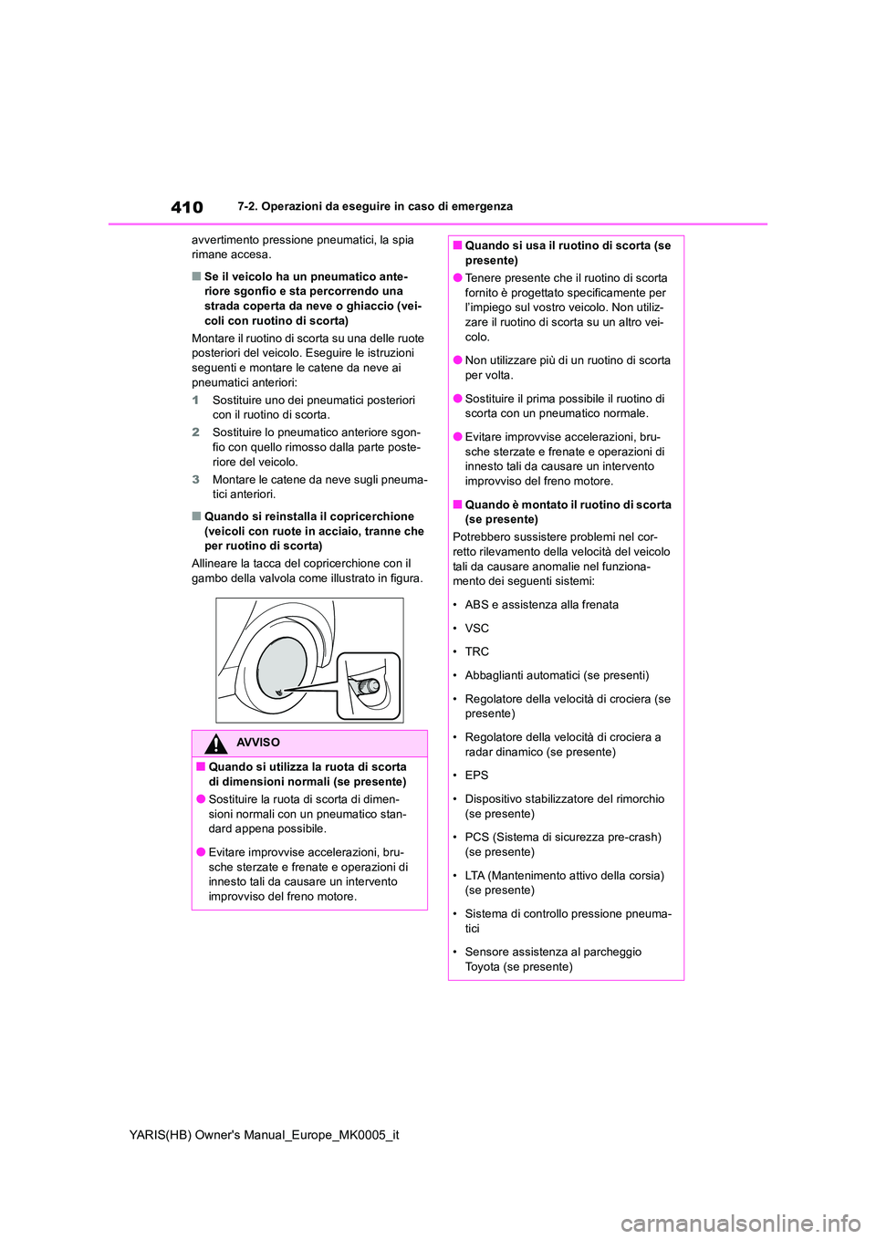 TOYOTA YARIS HATCHBACK 2021  Manuale duso (in Italian) 410
YARIS(HB) Owners Manual_Europe_MK0005_it
7-2. Operazioni da eseguire in caso di emergenza 
avvertimento pressione pneumatici, la spia  rimane accesa.
■Se il veicolo ha un pneumatico ante-riore 