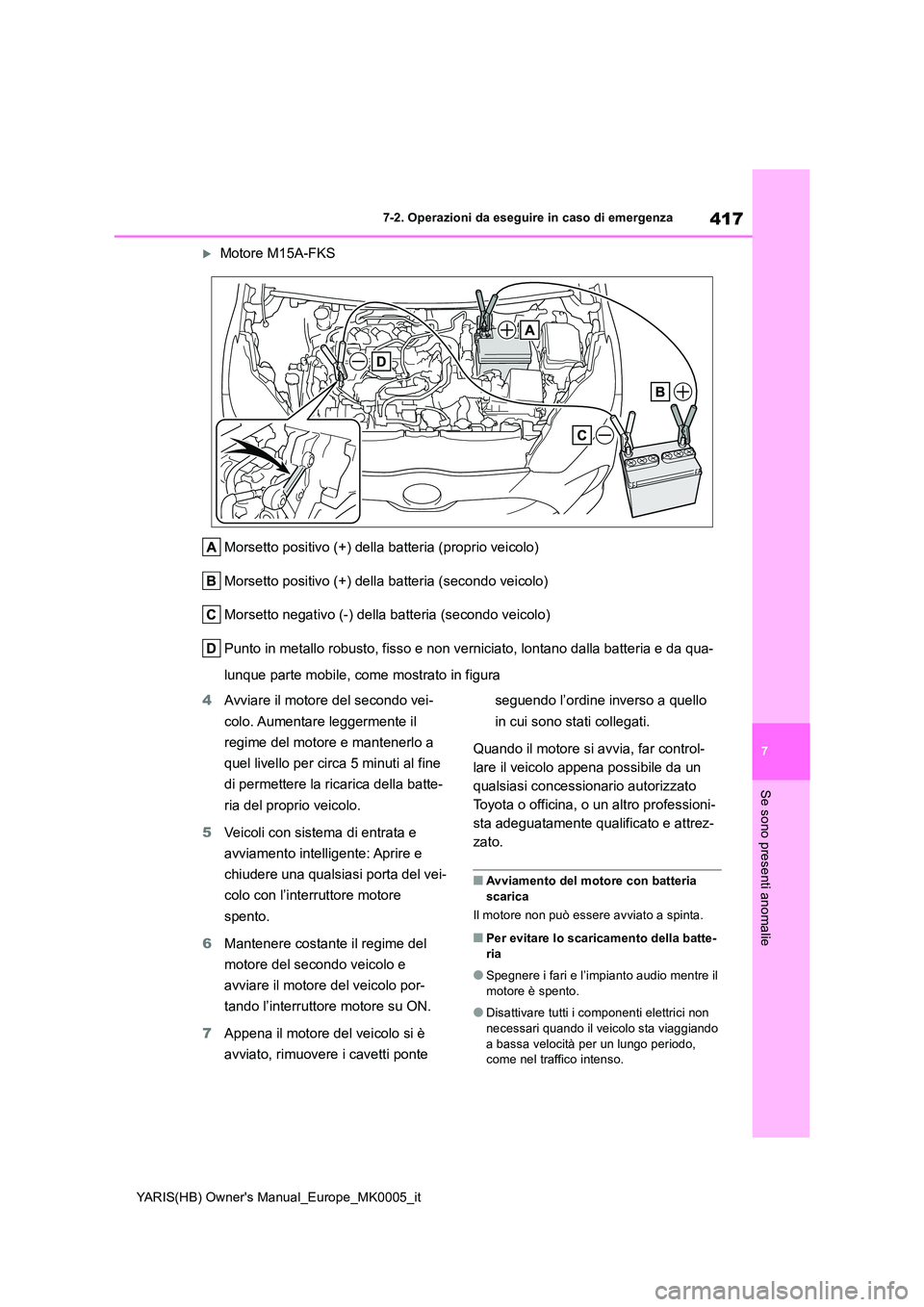 TOYOTA YARIS HATCHBACK 2021  Manuale duso (in Italian) 417
7
YARIS(HB) Owners Manual_Europe_MK0005_it
7-2. Operazioni da eseguire in caso di emergenza
Se sono presenti anomalie
Motore M15A-FKS 
Morsetto positivo (+) della batteria (proprio veicolo) 
M
