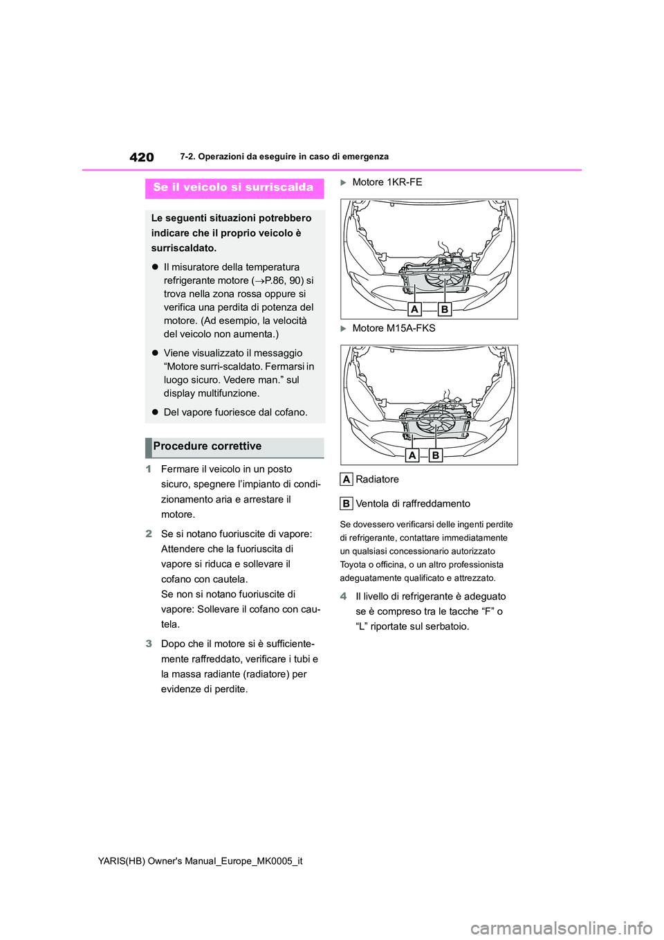 TOYOTA YARIS HATCHBACK 2021  Manuale duso (in Italian) 420
YARIS(HB) Owners Manual_Europe_MK0005_it
7-2. Operazioni da eseguire in caso di emergenza
1Fermare il veicolo in un posto  
sicuro, spegnere l’impianto di condi- 
zionamento aria e arrestare il