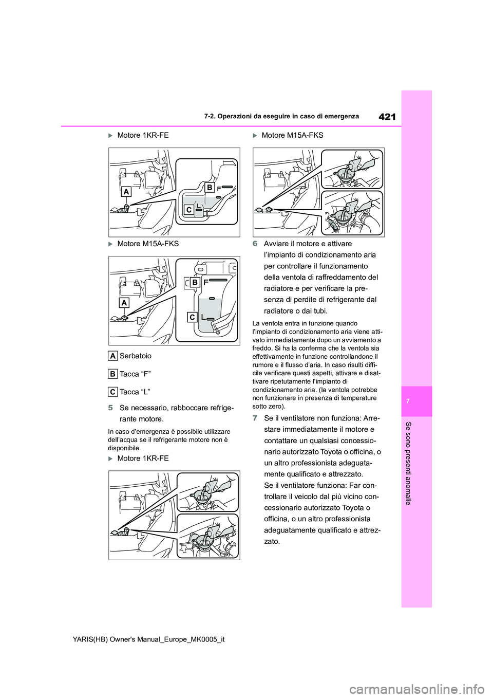 TOYOTA YARIS HATCHBACK 2021 Manuale duso (in Italian) 421
7
YARIS(HB) Owners Manual_Europe_MK0005_it
7-2. Operazioni da eseguire in caso di emergenza
Se sono presenti anomalie
Motore 1KR-FE
Motore M15A-FKS
Serbatoio
Ta c c a “ F ”
Ta c c a TOYOTA YARIS HATCHBACK 2021 Manuale duso (in Italian) 421
7
YARIS(HB) Owners Manual_Europe_MK0005_it
7-2. Operazioni da eseguire in caso di emergenza
Se sono presenti anomalie
Motore 1KR-FE
Motore M15A-FKS
Serbatoio
Ta c c a “ F ”
Ta c c a