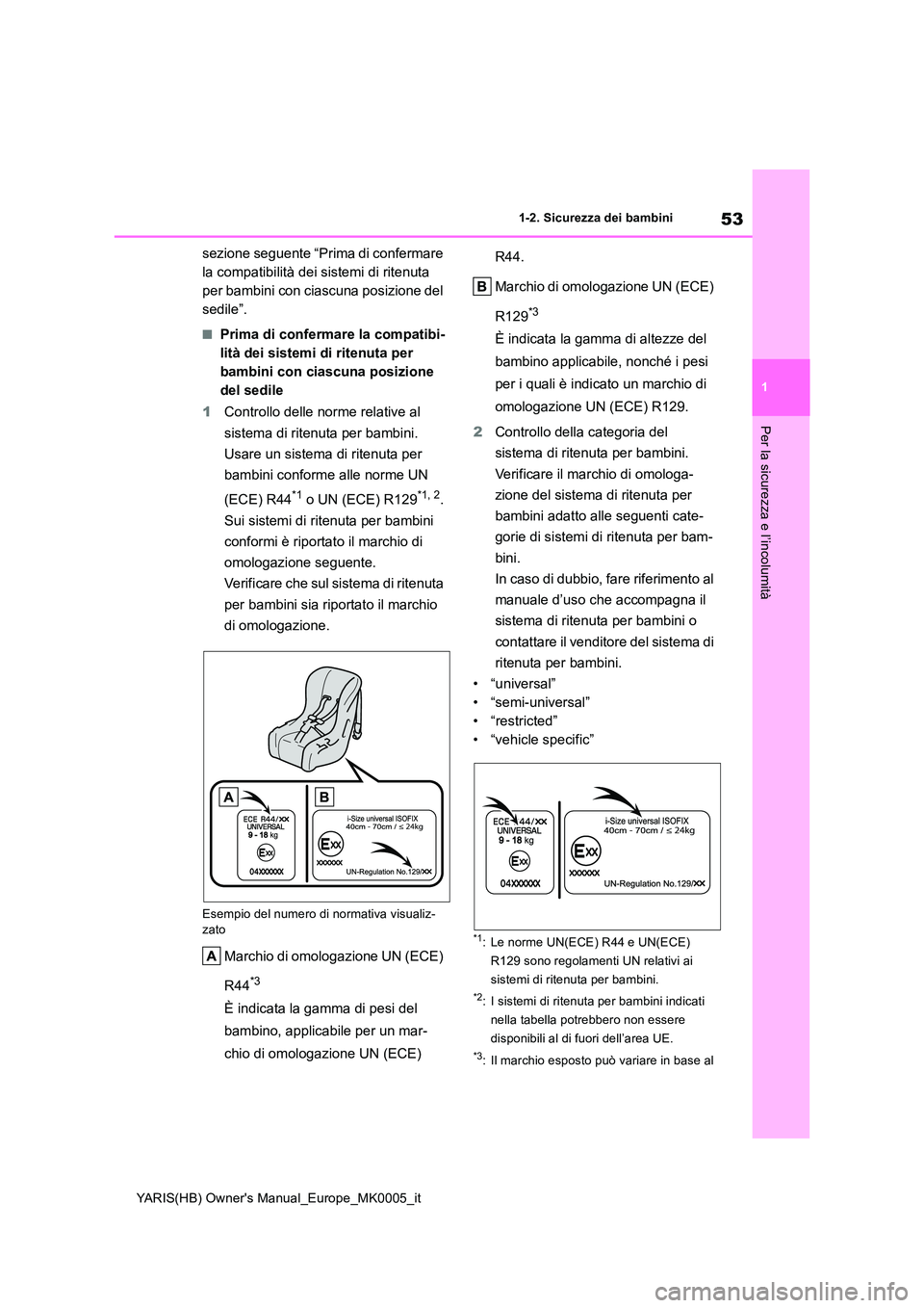 TOYOTA YARIS HATCHBACK 2021 Manuale duso (in Italian) 53
1
YARIS(HB) Owners Manual_Europe_MK0005_it
1-2. Sicurezza dei bambini
Per la sicurezza e l’incolumità
sezione seguente “Prima di confermare
la compatibilità dei sistemi di ritenuta
per ba TOYOTA YARIS HATCHBACK 2021 Manuale duso (in Italian) 53
1
YARIS(HB) Owners Manual_Europe_MK0005_it
1-2. Sicurezza dei bambini
Per la sicurezza e l’incolumità
sezione seguente “Prima di confermare
la compatibilità dei sistemi di ritenuta
per ba