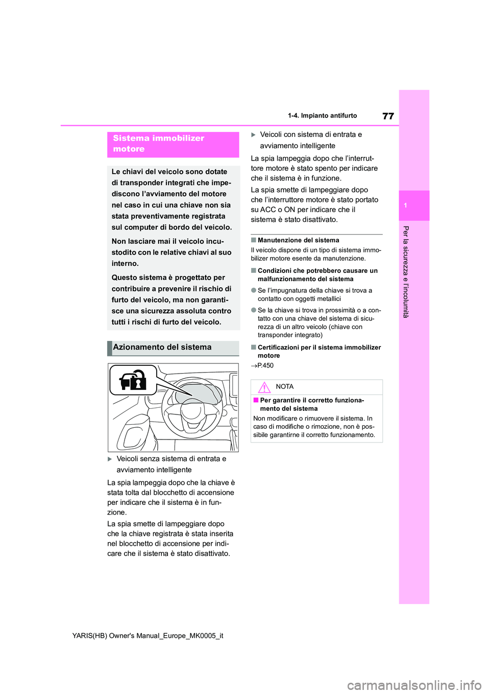 TOYOTA YARIS HATCHBACK 2021 Manuale duso (in Italian) 77
1
YARIS(HB) Owners Manual_Europe_MK0005_it
1-4. Impianto antifurto
Per la sicurezza e l’incolumità
1-4.Impianto antifurto
Veicoli senza sistema di entrata e
avviamento intelligente
La spi TOYOTA YARIS HATCHBACK 2021 Manuale duso (in Italian) 77
1
YARIS(HB) Owners Manual_Europe_MK0005_it
1-4. Impianto antifurto
Per la sicurezza e l’incolumità
1-4.Impianto antifurto
Veicoli senza sistema di entrata e
avviamento intelligente
La spi