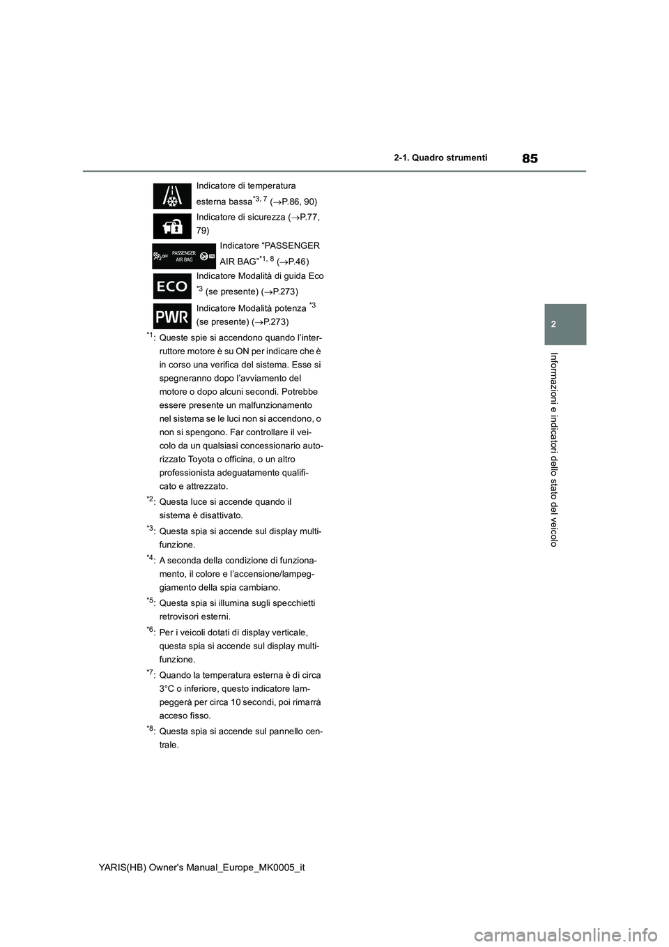 TOYOTA YARIS HATCHBACK 2021 Manuale duso (in Italian) 85
2
YARIS(HB) Owners Manual_Europe_MK0005_it
2-1. Quadro strumenti
Informazioni e indicatori dello stato del veicolo
*1: Queste spie si accendono quando l’inter-
ruttore motore è su ON per indica TOYOTA YARIS HATCHBACK 2021 Manuale duso (in Italian) 85
2
YARIS(HB) Owners Manual_Europe_MK0005_it
2-1. Quadro strumenti
Informazioni e indicatori dello stato del veicolo
*1: Queste spie si accendono quando l’inter-
ruttore motore è su ON per indica
