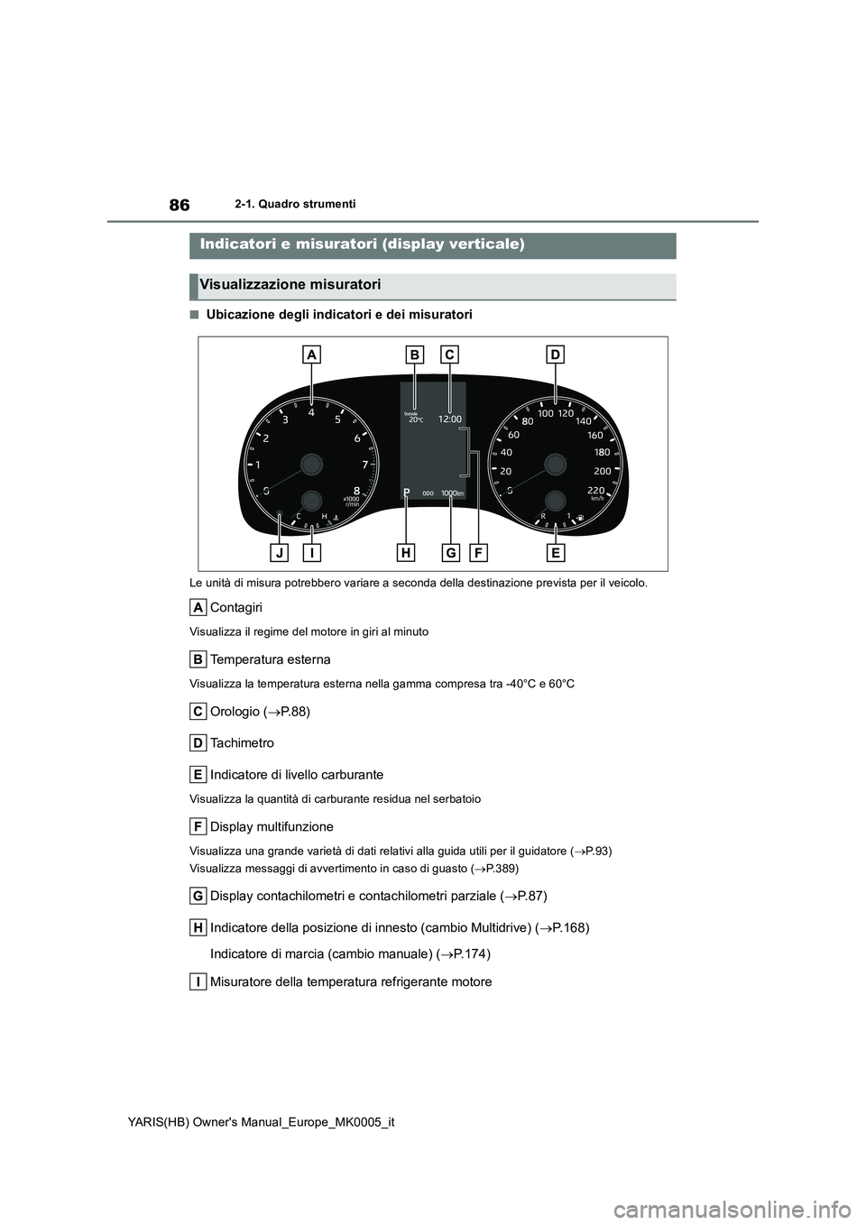 TOYOTA YARIS HATCHBACK 2021 Manuale duso (in Italian) 86
YARIS(HB) Owners Manual_Europe_MK0005_it
2-1. Quadro strumenti
■Ubicazione degli indicatori e dei misuratori
Le unità di misura potrebbero variare a seconda della destinazione prevista per il v TOYOTA YARIS HATCHBACK 2021 Manuale duso (in Italian) 86
YARIS(HB) Owners Manual_Europe_MK0005_it
2-1. Quadro strumenti
■Ubicazione degli indicatori e dei misuratori
Le unità di misura potrebbero variare a seconda della destinazione prevista per il v