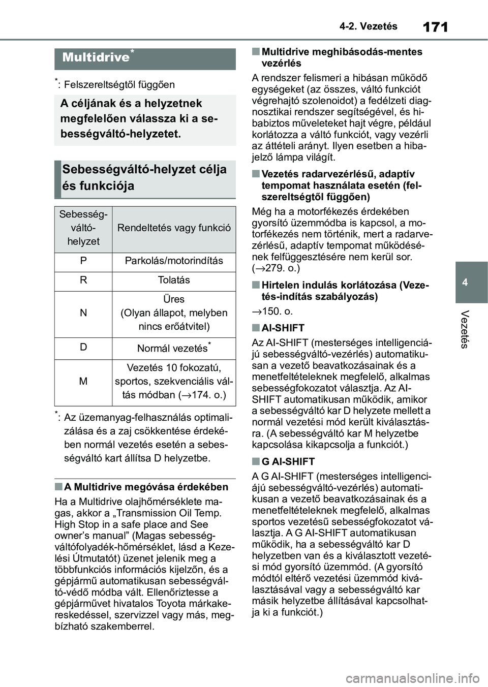 TOYOTA YARIS HATCHBACK 2021 Kezelési útmutató (in Hungarian) 171
4
4-2. Vezetés
Vezetés
*: Felszereltségtől függően
*: Az üzemanyag-felhasználás optimali-
zálása és a zaj cs ökkentése érdeké-
ben normál vezetés esetén a sebes-
ségváltó kar TOYOTA YARIS HATCHBACK 2021 Kezelési útmutató (in Hungarian) 171
4
4-2. Vezetés
Vezetés
*: Felszereltségtől függően
*: Az üzemanyag-felhasználás optimali-
zálása és a zaj cs ökkentése érdeké-
ben normál vezetés esetén a sebes-
ségváltó kar