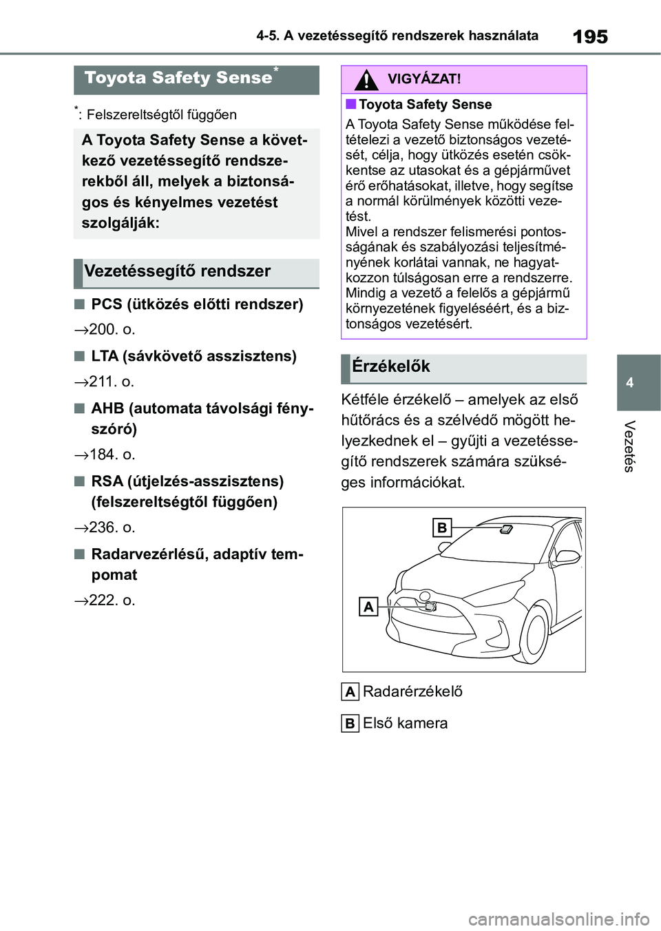 TOYOTA YARIS HATCHBACK 2021 Kezelési útmutató (in Hungarian) 195
4
4-5. A vezetéssegítő rendszerek használata
Vezetés
4-5.A vezetéssegítő rendszerek használata
*: Felszereltségtől függően
nPCS (ütközés e
lőtti rendszer)
→ 200. o.
nLTA (sávk TOYOTA YARIS HATCHBACK 2021 Kezelési útmutató (in Hungarian) 195
4
4-5. A vezetéssegítő rendszerek használata
Vezetés
4-5.A vezetéssegítő rendszerek használata
*: Felszereltségtől függően
nPCS (ütközés e
lőtti rendszer)
→ 200. o.
nLTA (sávk