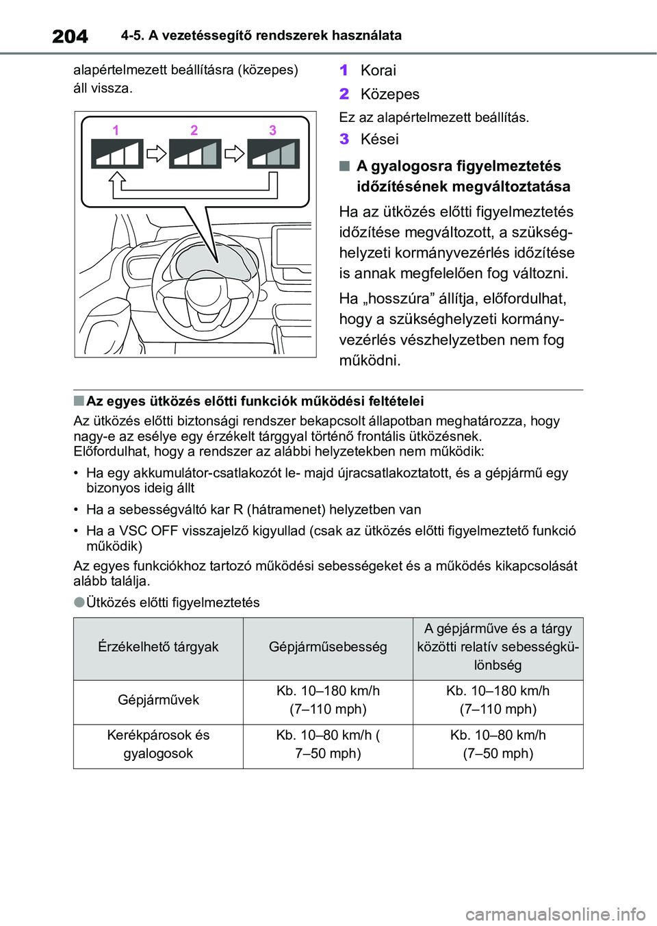 TOYOTA YARIS HATCHBACK 2021 Kezelési útmutató (in Hungarian) 2044-5. A vezetéssegítő rendszerek használata
alapértelmezett beá llításra (közepes)
áll vissza.
1 Korai
2 Közepes
Ez az alapértelme zett beállítás.
3Kései
nA gyalogosra figyelmeztet TOYOTA YARIS HATCHBACK 2021 Kezelési útmutató (in Hungarian) 2044-5. A vezetéssegítő rendszerek használata
alapértelmezett beá llításra (közepes)
áll vissza.
1 Korai
2 Közepes
Ez az alapértelme zett beállítás.
3Kései
nA gyalogosra figyelmeztet