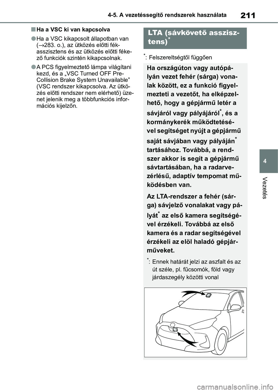 TOYOTA YARIS HATCHBACK 2021 Kezelési útmutató (in Hungarian) 211
4
4-5. A vezetéssegítő rendszerek használata
Vezetés
nHa a VSC ki van kapcsolva
lHa a VSC kikapcsolt állapotban van
(→
283. o.), az ütközés előtti fék-
asszisztens és az ütközés TOYOTA YARIS HATCHBACK 2021 Kezelési útmutató (in Hungarian) 211
4
4-5. A vezetéssegítő rendszerek használata
Vezetés
nHa a VSC ki van kapcsolva
lHa a VSC kikapcsolt állapotban van
(→
283. o.), az ütközés előtti fék-
asszisztens és az ütközés