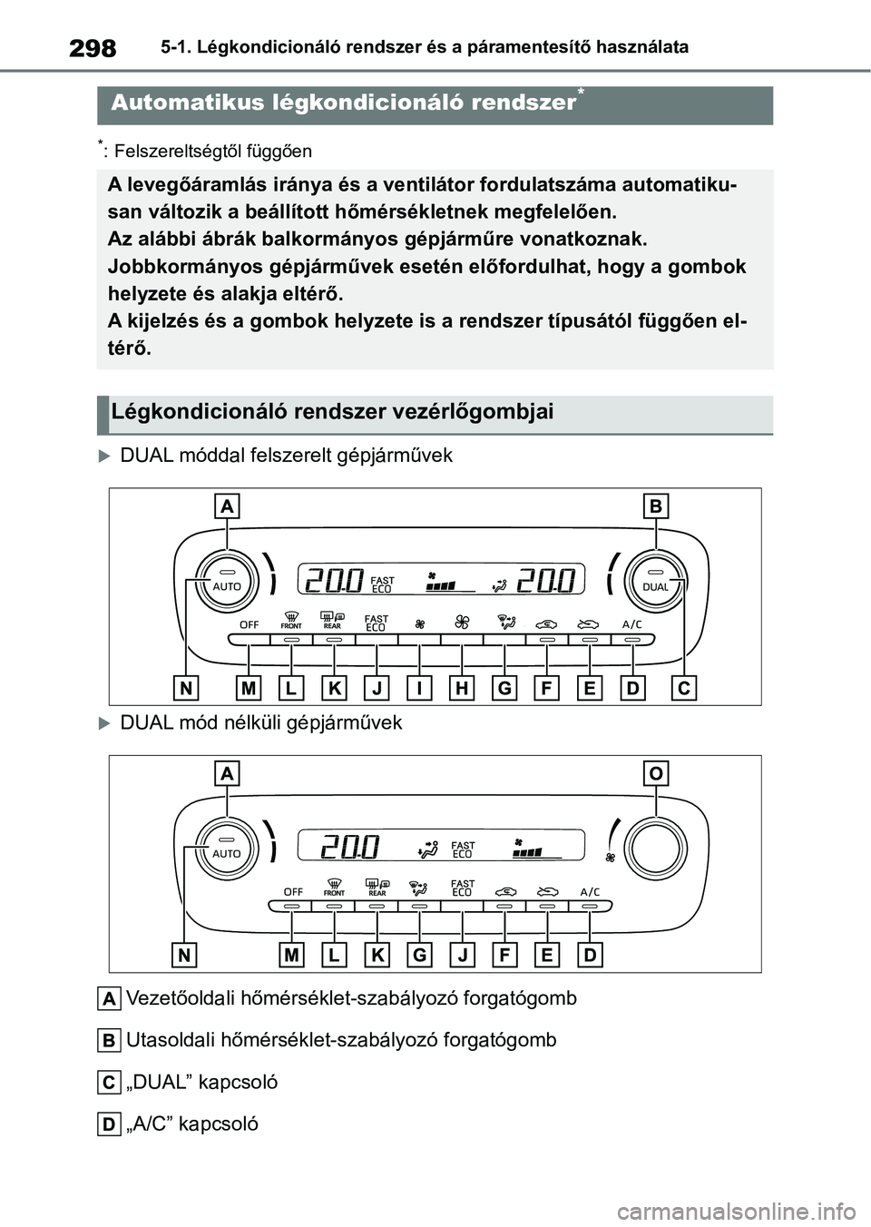 TOYOTA YARIS HATCHBACK 2021 Kezelési útmutató (in Hungarian) 2985-1. Légkondicionáló rendszer és a páramentesítő használata
*: Felszereltségtől függően
DUAL móddal felszerelt gépjárművek
DUAL mód nélküli gépjárművekVezetőoldali hőm TOYOTA YARIS HATCHBACK 2021 Kezelési útmutató (in Hungarian) 2985-1. Légkondicionáló rendszer és a páramentesítő használata
*: Felszereltségtől függően
DUAL móddal felszerelt gépjárművek
DUAL mód nélküli gépjárművekVezetőoldali hőm