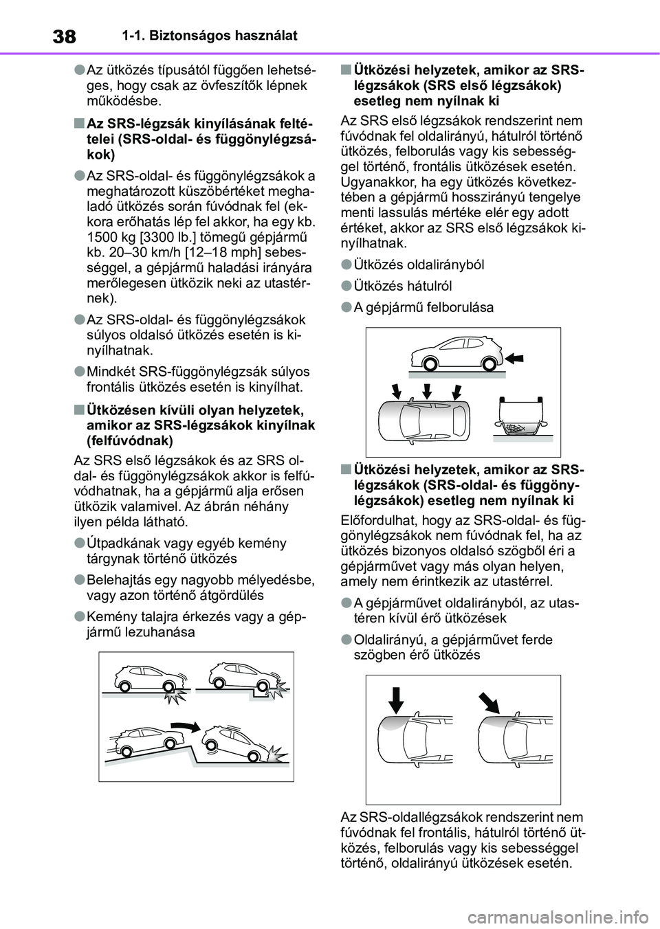 TOYOTA YARIS HATCHBACK 2021 Kezelési útmutató (in Hungarian) 381-1. Biztonságos használat
lAz ütközés típusától függően lehetsé-
ges, hogy csak az övfeszítők lépnek
működésbe.
nAz SRS-légzsák kinyílásának felté-
telei (SRS-oldal- és f TOYOTA YARIS HATCHBACK 2021 Kezelési útmutató (in Hungarian) 381-1. Biztonságos használat
lAz ütközés típusától függően lehetsé-
ges, hogy csak az övfeszítők lépnek
működésbe.
nAz SRS-légzsák kinyílásának felté-
telei (SRS-oldal- és f