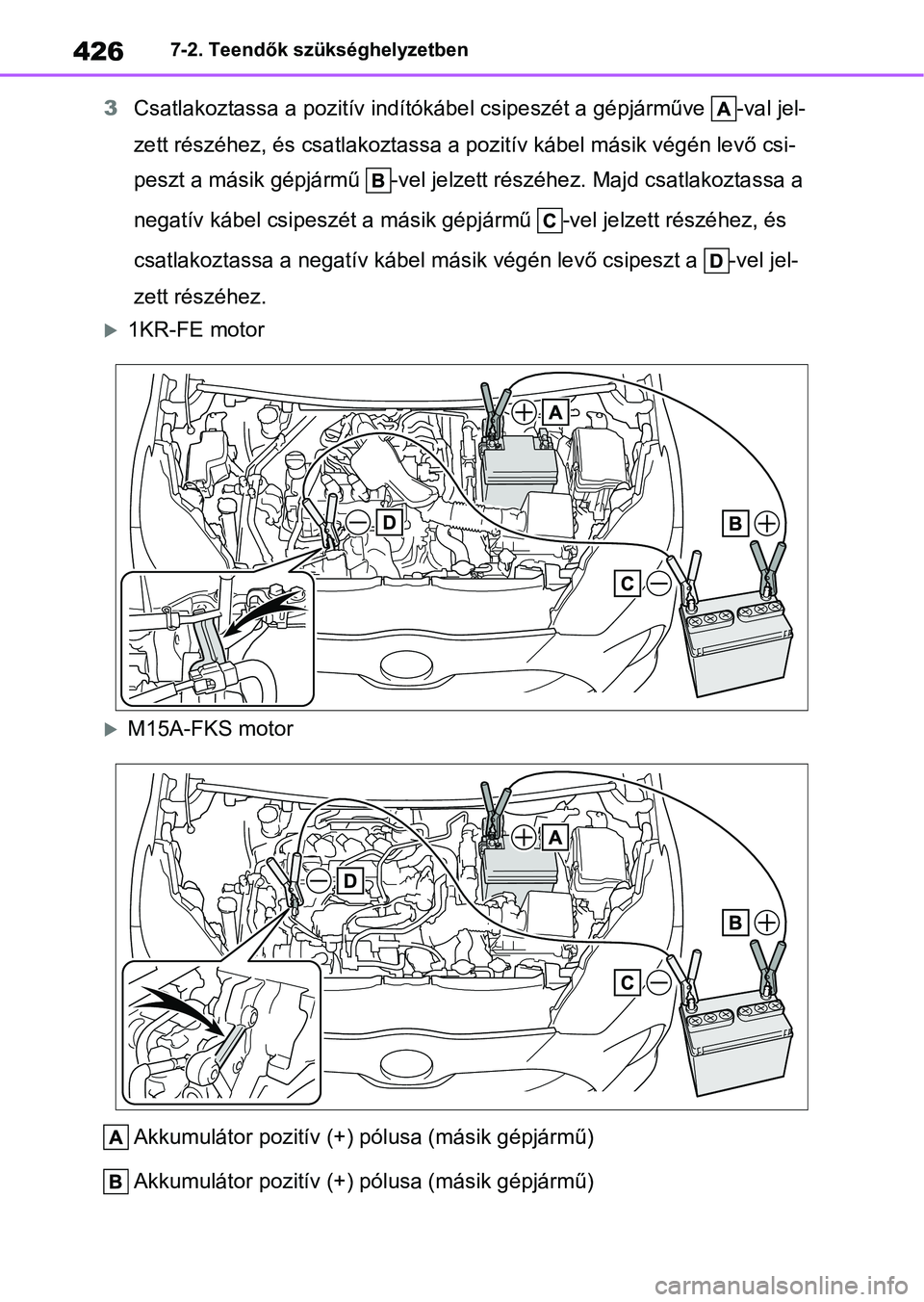 TOYOTA YARIS HATCHBACK 2021 Kezelési útmutató (in Hungarian) 4267-2. Teendők szükséghelyzetben
3Csatlakoztassa a pozitív indítók ábel csipeszét a gépjárműve -va l jel-
zett részéhez, és csatlakoztassa a pozitív kábel másik végén le vő csi-
TOYOTA YARIS HATCHBACK 2021 Kezelési útmutató (in Hungarian) 4267-2. Teendők szükséghelyzetben
3Csatlakoztassa a pozitív indítók ábel csipeszét a gépjárműve -va l jel-
zett részéhez, és csatlakoztassa a pozitív kábel másik végén le vő csi-