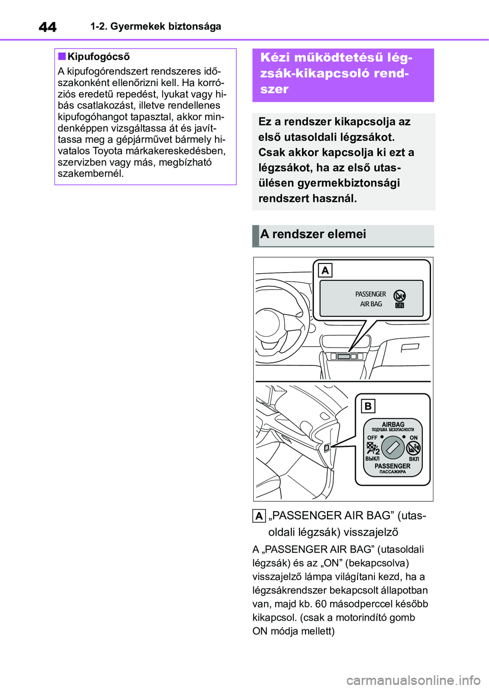 TOYOTA YARIS HATCHBACK 2021 Kezelési útmutató (in Hungarian) 441-2. Gyermekek biztonsága
1-2.Gyermekek biztonsága
„PASSENGER AIR BAG” (utas-
oldali légzsák) visszajelző
A „PASSENGER AIR BAG” (utasoldali
légzsák) és az „ON” (bekapcsolva)
vi TOYOTA YARIS HATCHBACK 2021 Kezelési útmutató (in Hungarian) 441-2. Gyermekek biztonsága
1-2.Gyermekek biztonsága
„PASSENGER AIR BAG” (utas-
oldali légzsák) visszajelző
A „PASSENGER AIR BAG” (utasoldali
légzsák) és az „ON” (bekapcsolva)
vi