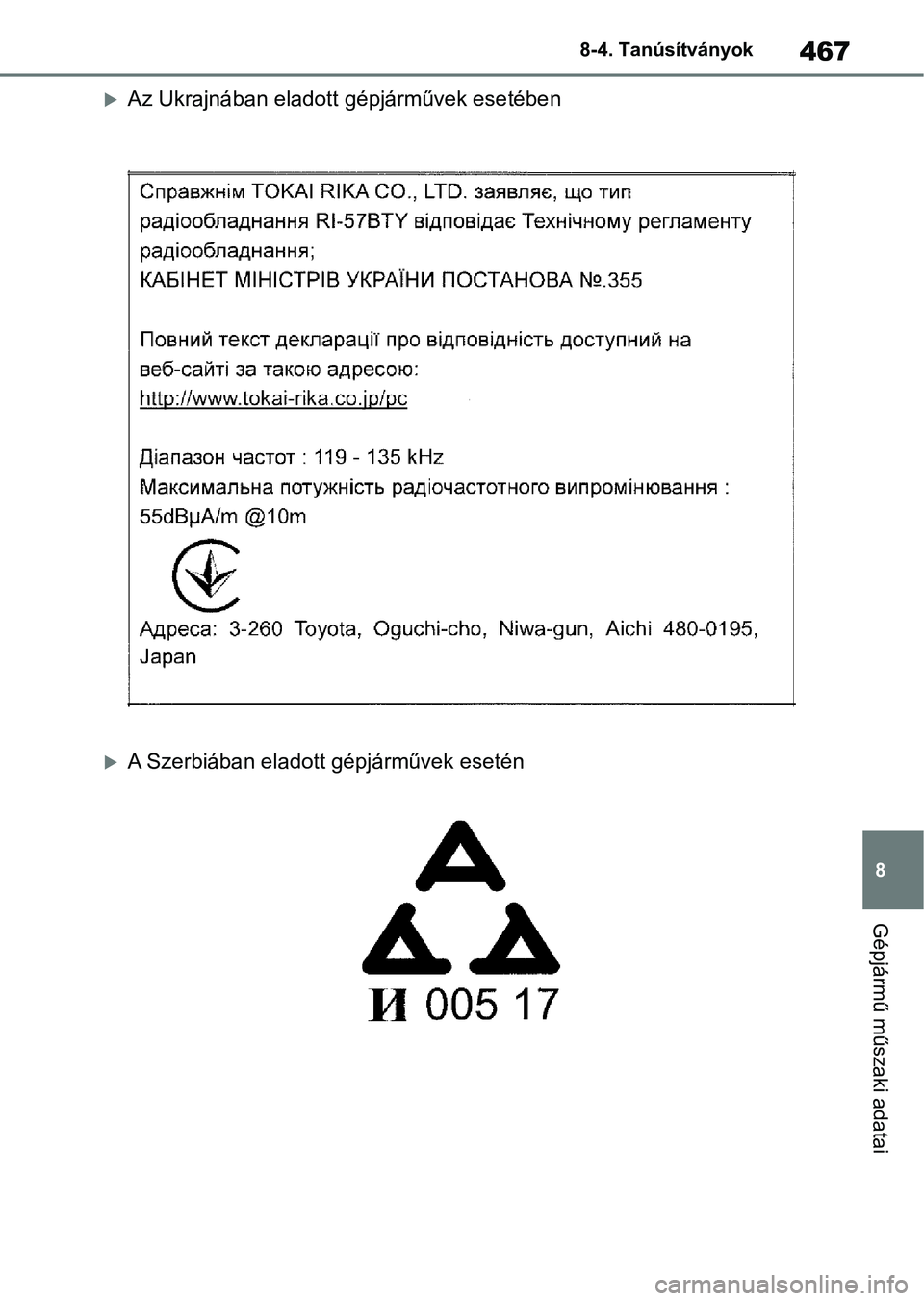 TOYOTA YARIS HATCHBACK 2021 Kezelési útmutató (in Hungarian) 467
8
8-4. Tanúsítványok
Gépjármű műszaki adatai
Az Ukrajnában eladott
gépjárművek esetében
A Szerbiában eladott gépjárművek esetén TOYOTA YARIS HATCHBACK 2021 Kezelési útmutató (in Hungarian) 467
8
8-4. Tanúsítványok
Gépjármű műszaki adatai
Az Ukrajnában eladott
gépjárművek esetében
A Szerbiában eladott gépjárművek esetén