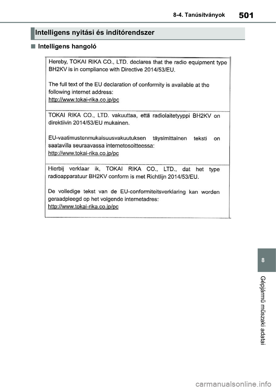 TOYOTA YARIS HATCHBACK 2021 Kezelési útmutató (in Hungarian) 501
8
8-4. Tanúsítványok
Gépjármű műszaki adatai
nIntelligens hangoló
Intelligens nyitási és indítórendszer TOYOTA YARIS HATCHBACK 2021 Kezelési útmutató (in Hungarian) 501
8
8-4. Tanúsítványok
Gépjármű műszaki adatai
nIntelligens hangoló
Intelligens nyitási és indítórendszer