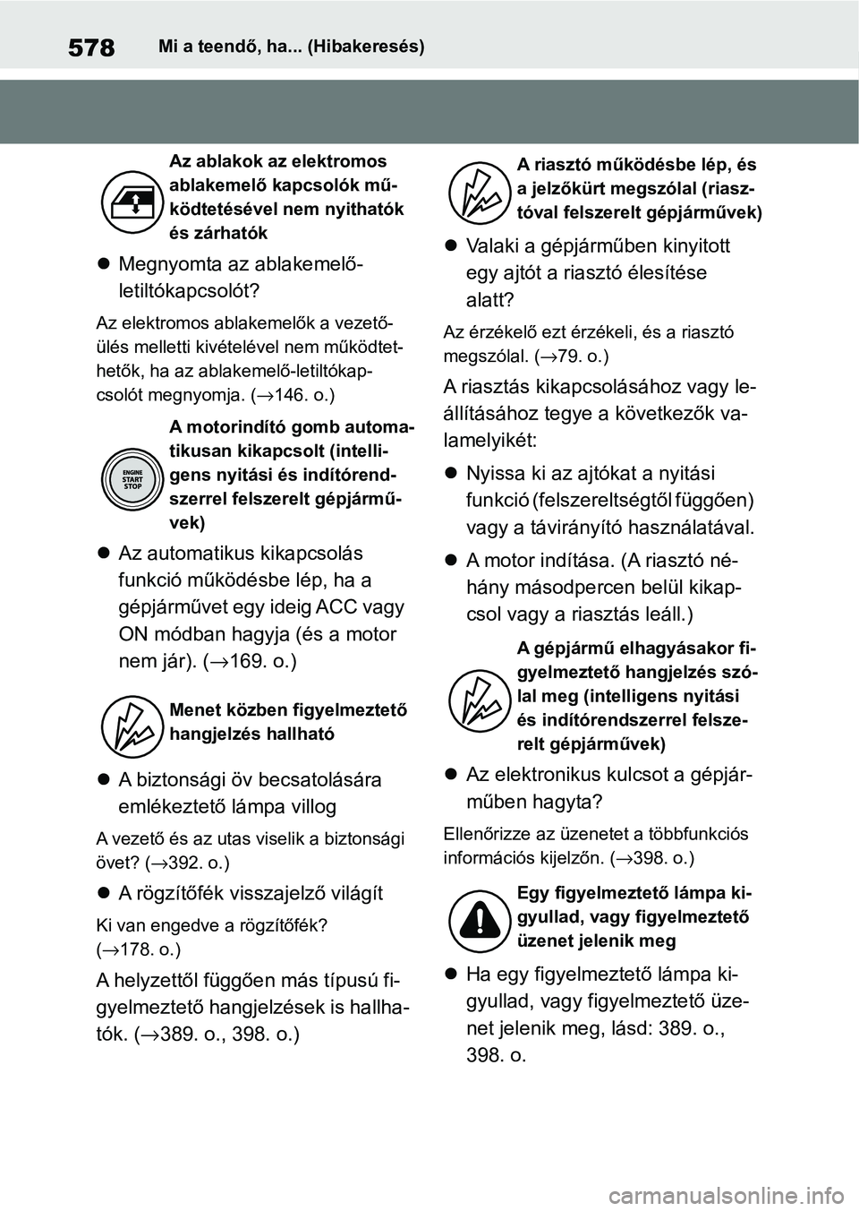 TOYOTA YARIS HATCHBACK 2021 Kezelési útmutató (in Hungarian) 578Mi a teendő, ha... (Hibakeresés)
Megnyomta az ablakemelő-
letiltókapcsolót?
Az elektromos abla kemelők a vezető-
ülés melletti kivételével nem működtet-
hetők, ha az ablakemelő-le TOYOTA YARIS HATCHBACK 2021 Kezelési útmutató (in Hungarian) 578Mi a teendő, ha... (Hibakeresés)
Megnyomta az ablakemelő-
letiltókapcsolót?
Az elektromos abla kemelők a vezető-
ülés melletti kivételével nem működtet-
hetők, ha az ablakemelő-le