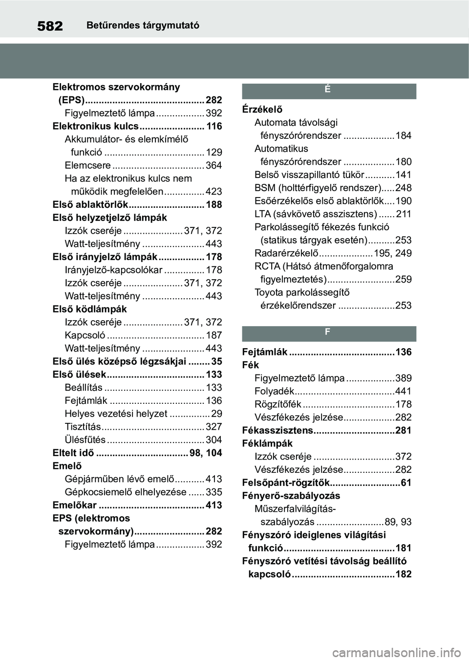 TOYOTA YARIS HATCHBACK 2021 Kezelési útmutató (in Hungarian) 582Betűrendes tárgymutató
Elektromos szervokormány (EPS).............. .............................. 282
Figyelmeztető lámpa .................. 392
Elektronikus kulcs........................ 1 TOYOTA YARIS HATCHBACK 2021 Kezelési útmutató (in Hungarian) 582Betűrendes tárgymutató
Elektromos szervokormány (EPS).............. .............................. 282
Figyelmeztető lámpa .................. 392
Elektronikus kulcs........................ 1