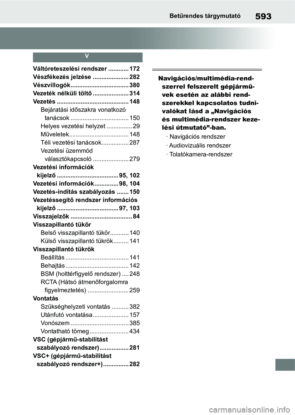 TOYOTA YARIS HATCHBACK 2021 Kezelési útmutató (in Hungarian) 593Betűrendes tárgymutató
V
Váltóreteszelési rendszer ............ 172
Vészfékezés jelzése ..................... 282
Vészvillogók.................................. 380
Vezeték nélküli t TOYOTA YARIS HATCHBACK 2021 Kezelési útmutató (in Hungarian) 593Betűrendes tárgymutató
V
Váltóreteszelési rendszer ............ 172
Vészfékezés jelzése ..................... 282
Vészvillogók.................................. 380
Vezeték nélküli t