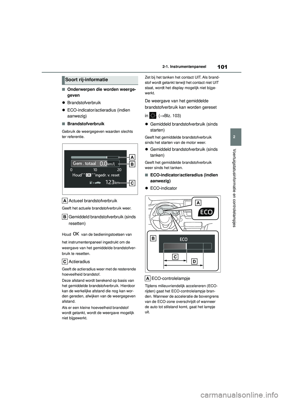 TOYOTA YARIS HATCHBACK 2021 Instructieboekje (in Dutch) 101
2
YARIS(HB) handleiding_Europa_MK0001_nl
2-1. Instrumentenpaneel
Voertuigstatusinformatie en controlelampjes
■Onderwerpen die worden weerge-
geven
Brandstofverbruik
ECO-indicator/actiera TOYOTA YARIS HATCHBACK 2021 Instructieboekje (in Dutch) 101
2
YARIS(HB) handleiding_Europa_MK0001_nl
2-1. Instrumentenpaneel
Voertuigstatusinformatie en controlelampjes
■Onderwerpen die worden weerge-
geven
Brandstofverbruik
ECO-indicator/actiera