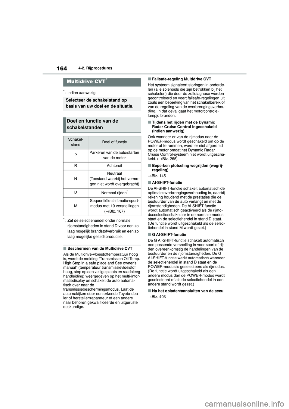 TOYOTA YARIS HATCHBACK 2021 Instructieboekje (in Dutch) 164
YARIS(HB) handleiding_Europa_MK0001_nl
4-2. Rijprocedures
*: Indien aanwezig
*: Zet de selectiehendel onder normale rijomstandigheden in stand D voor een zo
laag mogelijk brandstofverbruik en een TOYOTA YARIS HATCHBACK 2021 Instructieboekje (in Dutch) 164
YARIS(HB) handleiding_Europa_MK0001_nl
4-2. Rijprocedures
*: Indien aanwezig
*: Zet de selectiehendel onder normale rijomstandigheden in stand D voor een zo
laag mogelijk brandstofverbruik en een