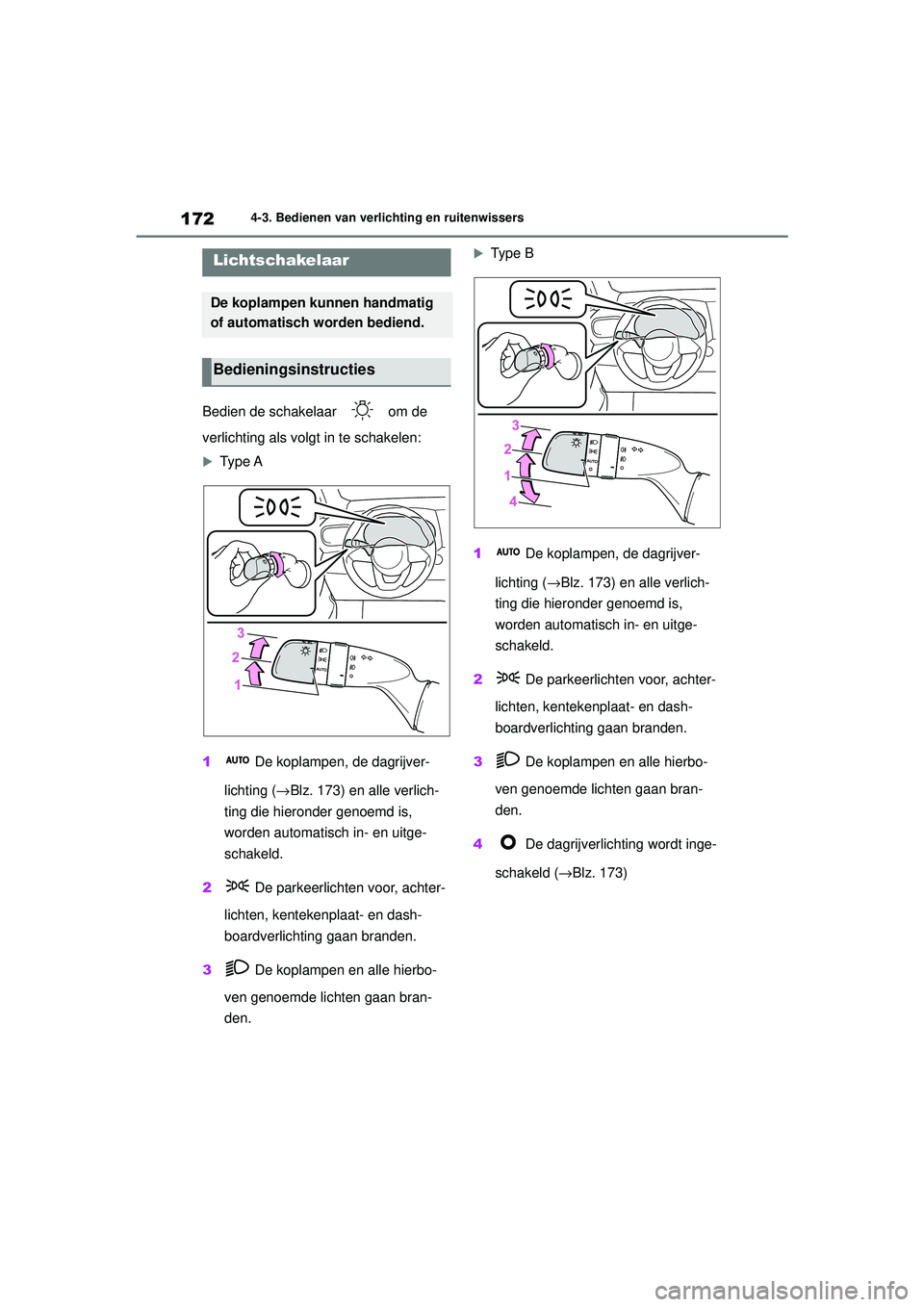 TOYOTA YARIS HATCHBACK 2021 Instructieboekje (in Dutch) 172
YARIS(HB) handleiding_Europa_MK0001_nl
4-3. Bedienen van verlichting en ruitenwissers
4-3.Bedienen van verlichting en ruitenwissers
Bedien de schakelaar om de
verlichting als volgt in te schake TOYOTA YARIS HATCHBACK 2021 Instructieboekje (in Dutch) 172
YARIS(HB) handleiding_Europa_MK0001_nl
4-3. Bedienen van verlichting en ruitenwissers
4-3.Bedienen van verlichting en ruitenwissers
Bedien de schakelaar om de
verlichting als volgt in te schake