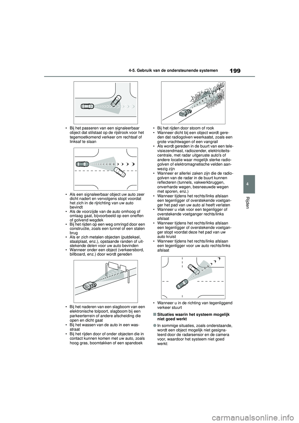 TOYOTA YARIS HATCHBACK 2021 Instructieboekje (in Dutch) 199
4
YARIS(HB) handleiding_Europa_MK0001_nl
4-5. Gebruik van de ondersteunende systemen
Rijden
• Bij het passeren van een signaleerbaar object dat stilstaat op de rijstrook voor het
tegemoetkomend TOYOTA YARIS HATCHBACK 2021 Instructieboekje (in Dutch) 199
4
YARIS(HB) handleiding_Europa_MK0001_nl
4-5. Gebruik van de ondersteunende systemen
Rijden
• Bij het passeren van een signaleerbaar object dat stilstaat op de rijstrook voor het
tegemoetkomend