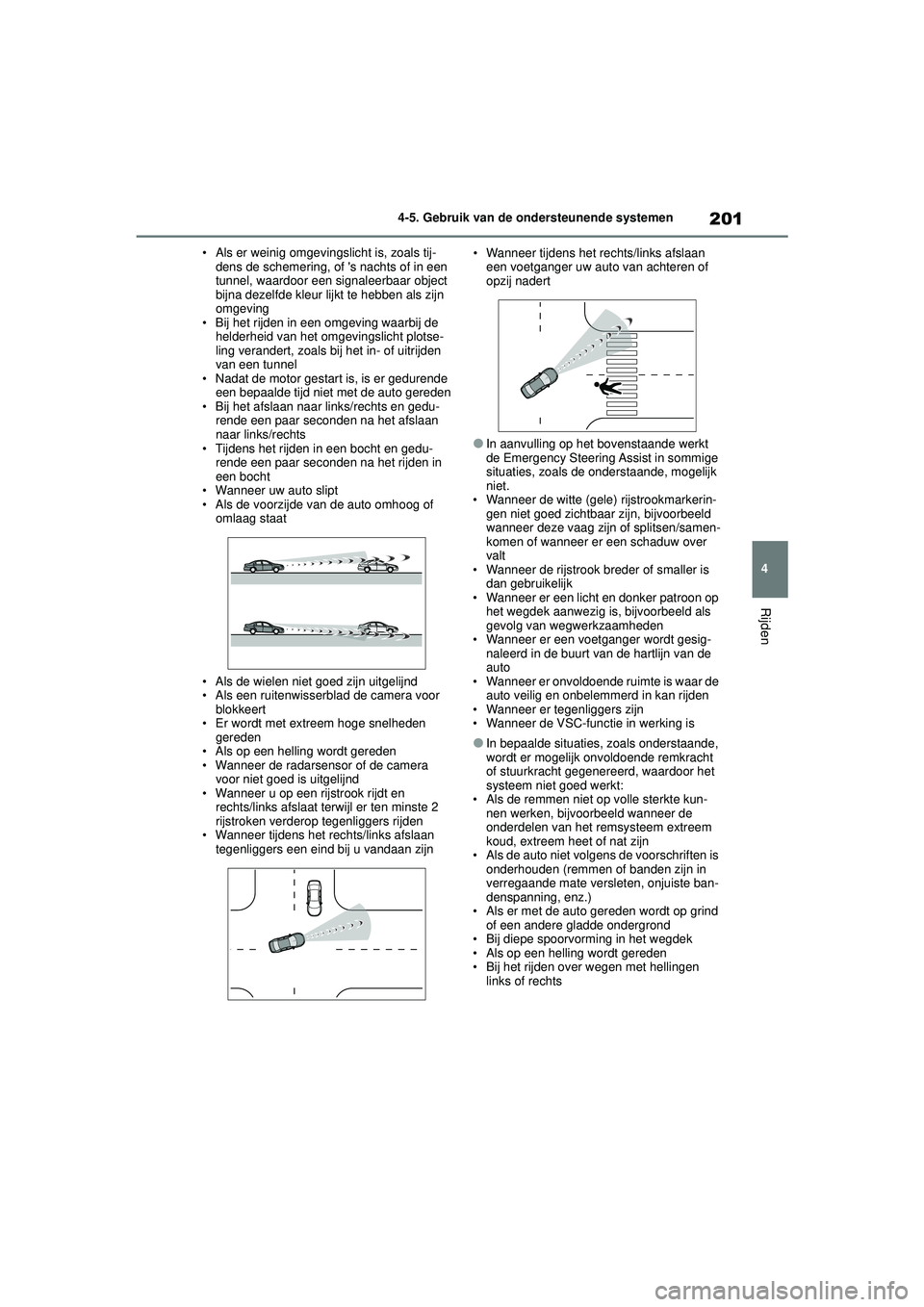 TOYOTA YARIS HATCHBACK 2021 Instructieboekje (in Dutch) 201
4
YARIS(HB) handleiding_Europa_MK0001_nl
4-5. Gebruik van de ondersteunende systemen
Rijden
• Als er weinig omgevingslicht is, zoals tij-
dens de schemering, of s nachts of in een
tunnel, waar TOYOTA YARIS HATCHBACK 2021 Instructieboekje (in Dutch) 201
4
YARIS(HB) handleiding_Europa_MK0001_nl
4-5. Gebruik van de ondersteunende systemen
Rijden
• Als er weinig omgevingslicht is, zoals tij-
dens de schemering, of s nachts of in een
tunnel, waar