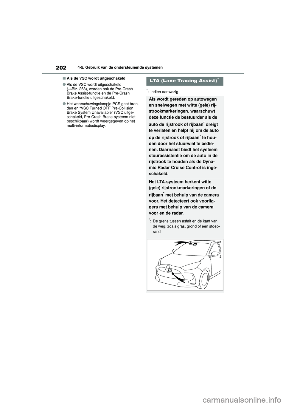 TOYOTA YARIS HATCHBACK 2021 Instructieboekje (in Dutch) 202
YARIS(HB) handleiding_Europa_MK0001_nl
4-5. Gebruik van de ondersteunende systemen
■Als de VSC wordt uitgeschakeld
●Als de VSC wordt uitgeschakeld
(→ Blz. 268), worden ook de Pre-Crash
Bra TOYOTA YARIS HATCHBACK 2021 Instructieboekje (in Dutch) 202
YARIS(HB) handleiding_Europa_MK0001_nl
4-5. Gebruik van de ondersteunende systemen
■Als de VSC wordt uitgeschakeld
●Als de VSC wordt uitgeschakeld
(→ Blz. 268), worden ook de Pre-Crash
Bra