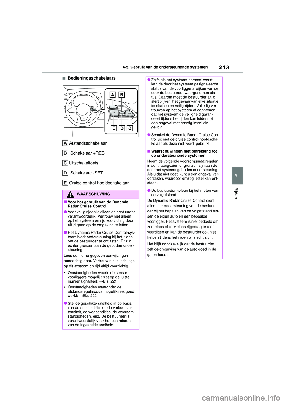 TOYOTA YARIS HATCHBACK 2021 Instructieboekje (in Dutch) 213
4
YARIS(HB) handleiding_Europa_MK0001_nl
4-5. Gebruik van de ondersteunende systemen
Rijden
■BedieningsschakelaarsAfstandsschakelaar
Schakelaar +RES
Uitschakeltoets
Schakelaar -SET
Cruise cont TOYOTA YARIS HATCHBACK 2021 Instructieboekje (in Dutch) 213
4
YARIS(HB) handleiding_Europa_MK0001_nl
4-5. Gebruik van de ondersteunende systemen
Rijden
■BedieningsschakelaarsAfstandsschakelaar
Schakelaar +RES
Uitschakeltoets
Schakelaar -SET
Cruise cont