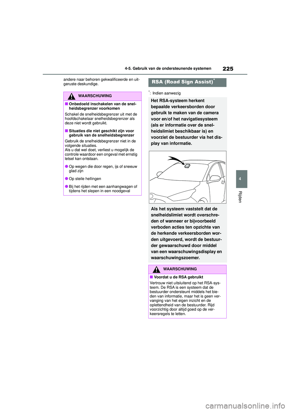 TOYOTA YARIS HATCHBACK 2021 Instructieboekje (in Dutch) 225
4
YARIS(HB) handleiding_Europa_MK0001_nl
4-5. Gebruik van de ondersteunende systemen
Rijden
andere naar behoren gekwalificeerde en uit-
geruste deskundige.
*: Indien aanwezigWAARSCHUWING
■Onbedo TOYOTA YARIS HATCHBACK 2021 Instructieboekje (in Dutch) 225
4
YARIS(HB) handleiding_Europa_MK0001_nl
4-5. Gebruik van de ondersteunende systemen
Rijden
andere naar behoren gekwalificeerde en uit-
geruste deskundige.
*: Indien aanwezigWAARSCHUWING
■Onbedo