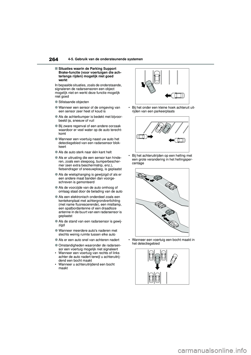 TOYOTA YARIS HATCHBACK 2021 Instructieboekje (in Dutch) 264
YARIS(HB) handleiding_Europa_MK0001_nl
4-5. Gebruik van de ondersteunende systemen
■Situaties waarin de Parking Support
Brake-functie (voor voertuigen die ach-
terlangs rijden) mogelijk niet go TOYOTA YARIS HATCHBACK 2021 Instructieboekje (in Dutch) 264
YARIS(HB) handleiding_Europa_MK0001_nl
4-5. Gebruik van de ondersteunende systemen
■Situaties waarin de Parking Support
Brake-functie (voor voertuigen die ach-
terlangs rijden) mogelijk niet go