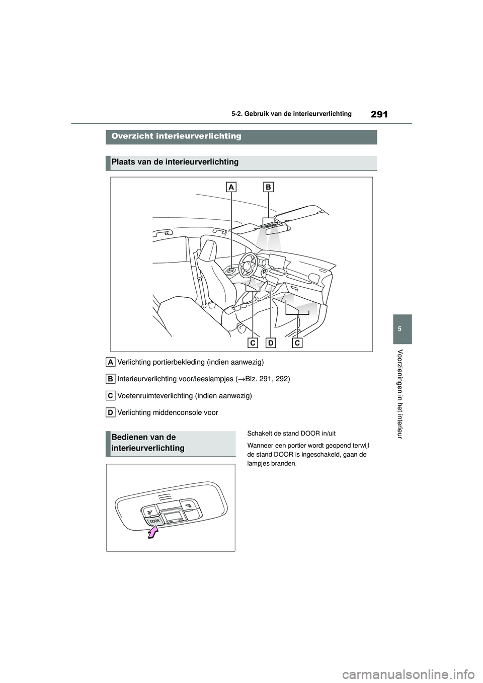 TOYOTA YARIS HATCHBACK 2021 Instructieboekje (in Dutch) 291
5
YARIS(HB) handleiding_Europa_MK0001_nl
5-2. Gebruik van de interieurverlichting
Voorzieningen in het interieur
5-2.Gebruik van de interieurverlichting
Verlichting portierbekleding (indien aanwez TOYOTA YARIS HATCHBACK 2021 Instructieboekje (in Dutch) 291
5
YARIS(HB) handleiding_Europa_MK0001_nl
5-2. Gebruik van de interieurverlichting
Voorzieningen in het interieur
5-2.Gebruik van de interieurverlichting
Verlichting portierbekleding (indien aanwez