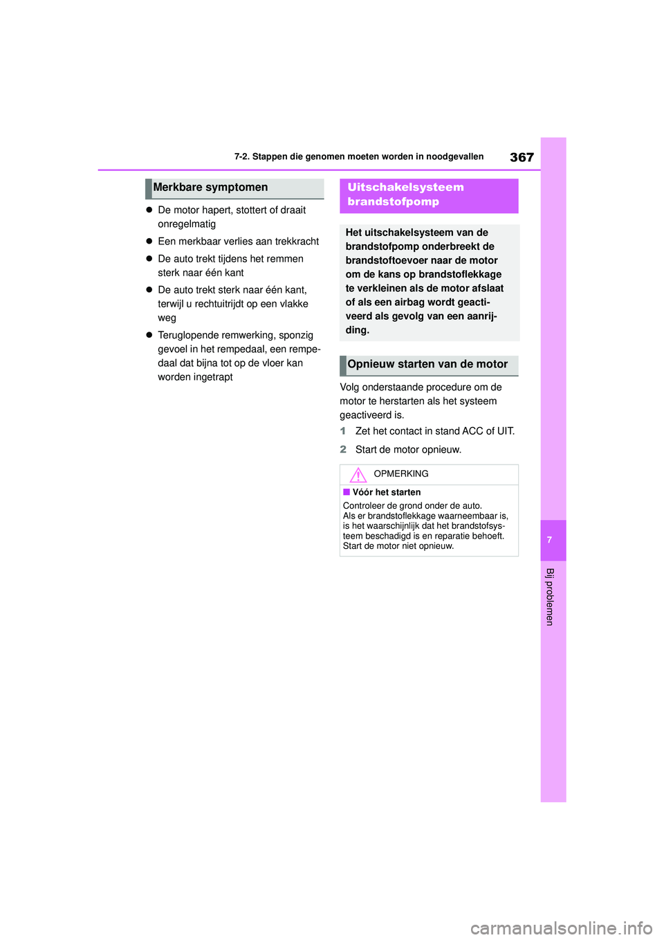 TOYOTA YARIS HATCHBACK 2021 Instructieboekje (in Dutch) 367
7
YARIS(HB) handleiding_Europa_MK0001_nl
7-2. Stappen die genomen moeten worden in noodgevallen
Bij problemen
De motor hapert, stottert of draait
onregelmatig
Een merkbaar verlies aan trek TOYOTA YARIS HATCHBACK 2021 Instructieboekje (in Dutch) 367
7
YARIS(HB) handleiding_Europa_MK0001_nl
7-2. Stappen die genomen moeten worden in noodgevallen
Bij problemen
De motor hapert, stottert of draait
onregelmatig
Een merkbaar verlies aan trek