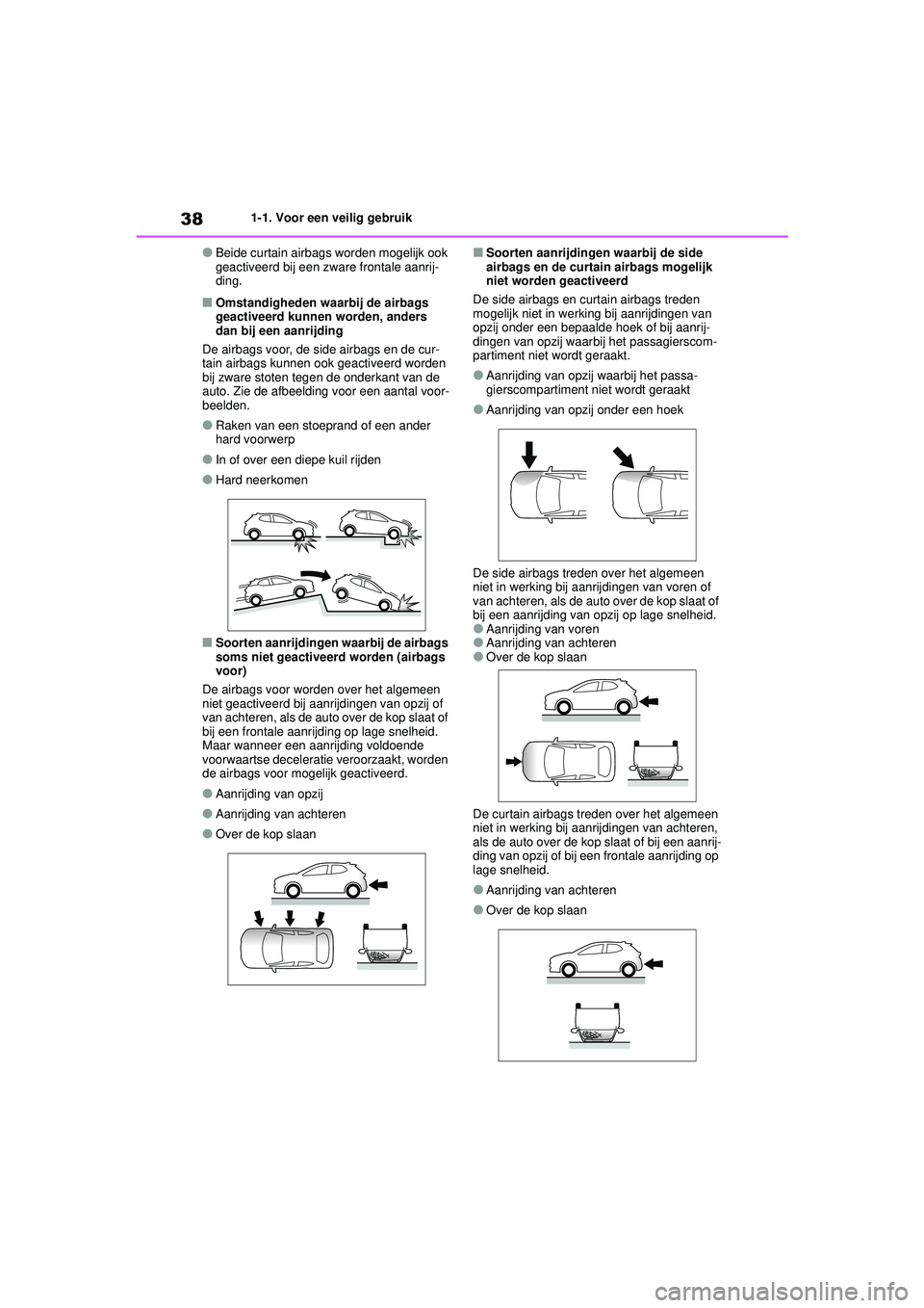 TOYOTA YARIS HATCHBACK 2021 Instructieboekje (in Dutch) 38
YARIS(HB) handleiding_Europa_MK0001_nl
1-1. Voor een veilig gebruik
●Beide curtain airbags worden mogelijk ook
geactiveerd bij een zware frontale aanrij-
ding.
■Omstandigheden waarbij de airba TOYOTA YARIS HATCHBACK 2021 Instructieboekje (in Dutch) 38
YARIS(HB) handleiding_Europa_MK0001_nl
1-1. Voor een veilig gebruik
●Beide curtain airbags worden mogelijk ook
geactiveerd bij een zware frontale aanrij-
ding.
■Omstandigheden waarbij de airba