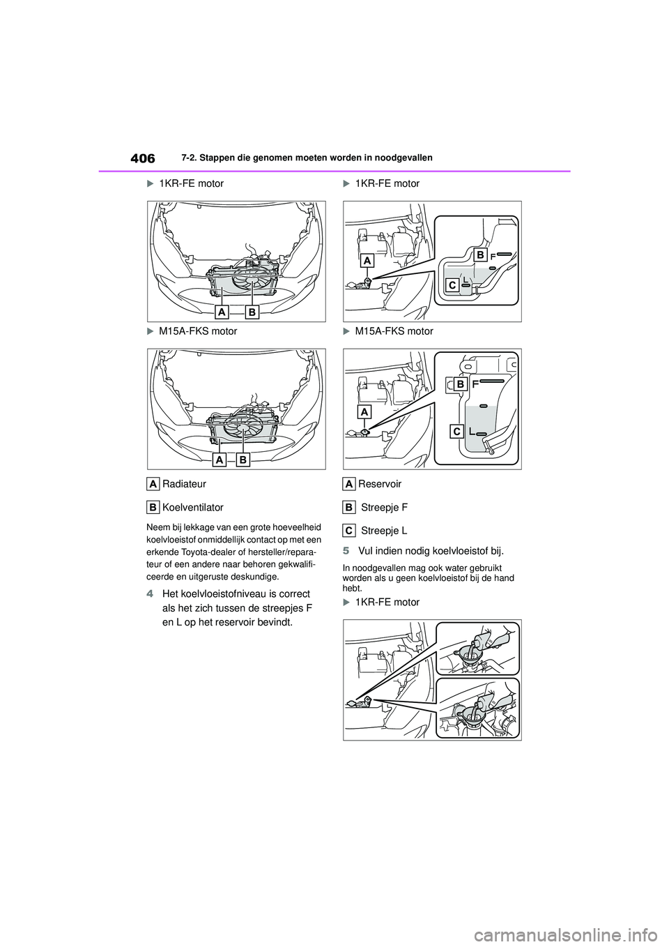 TOYOTA YARIS HATCHBACK 2021 Instructieboekje (in Dutch) 406
YARIS(HB) handleiding_Europa_MK0001_nl
7-2. Stappen die genomen moeten worden in noodgevallen
1KR-FE motor
M15A-FKS motor
Radiateur
Koelventilator
Neem bij lekkage van een grote hoeveelheid TOYOTA YARIS HATCHBACK 2021 Instructieboekje (in Dutch) 406
YARIS(HB) handleiding_Europa_MK0001_nl
7-2. Stappen die genomen moeten worden in noodgevallen
1KR-FE motor
M15A-FKS motor
Radiateur
Koelventilator
Neem bij lekkage van een grote hoeveelheid