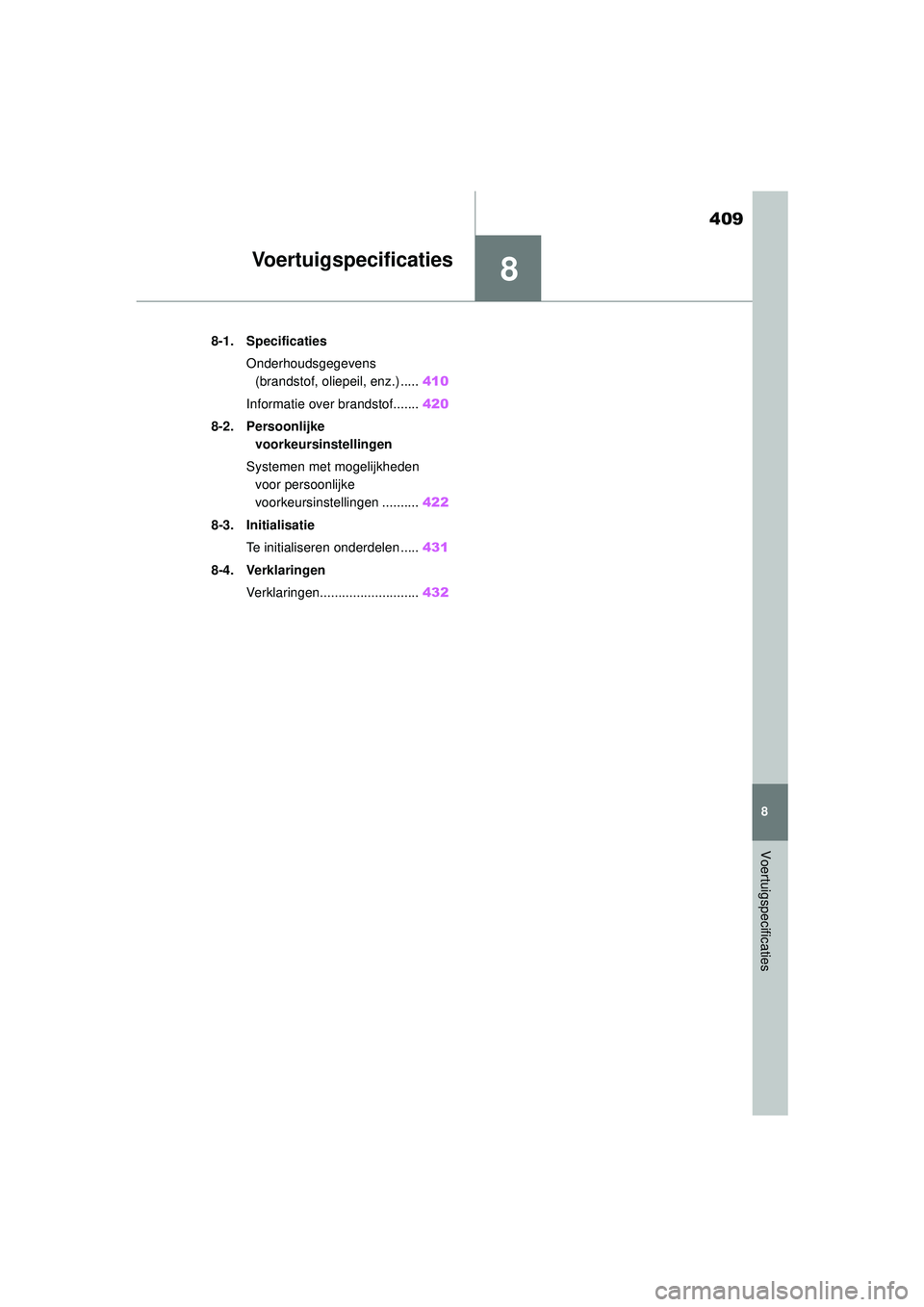 TOYOTA YARIS HATCHBACK 2021 Instructieboekje (in Dutch) 8
409
YARIS(HB) handleiding_Europa_MK0001_nl
8
Voertuigspecificaties
Voertuigspecificaties
8-1. SpecificatiesOnderhoudsgegevens (brandstof, oliepeil, enz.) ..... 410
Informatie over brandstof....... 4 TOYOTA YARIS HATCHBACK 2021 Instructieboekje (in Dutch) 8
409
YARIS(HB) handleiding_Europa_MK0001_nl
8
Voertuigspecificaties
Voertuigspecificaties
8-1. SpecificatiesOnderhoudsgegevens (brandstof, oliepeil, enz.) ..... 410
Informatie over brandstof....... 4