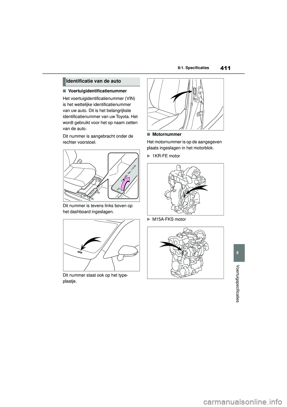 TOYOTA YARIS HATCHBACK 2021 Instructieboekje (in Dutch) 411
8
YARIS(HB) handleiding_Europa_MK0001_nl
8-1. Specificaties
Voertuigspecificaties
■Voertuigidentificatienummer
Het voertuigidentificatienummer (VIN)
is het wettelijke identificatienummer
van u TOYOTA YARIS HATCHBACK 2021 Instructieboekje (in Dutch) 411
8
YARIS(HB) handleiding_Europa_MK0001_nl
8-1. Specificaties
Voertuigspecificaties
■Voertuigidentificatienummer
Het voertuigidentificatienummer (VIN)
is het wettelijke identificatienummer
van u