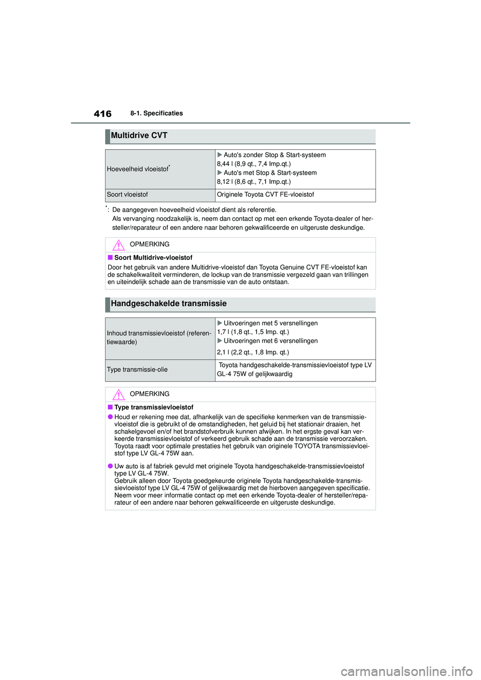TOYOTA YARIS HATCHBACK 2021 Instructieboekje (in Dutch) 416
YARIS(HB) handleiding_Europa_MK0001_nl
8-1. Specificaties
*: De aangegeven hoeveelheid vloeistof dient als referentie.Als vervanging noodzakelijk is, neem dan contac t op met een erkende Toyota-de TOYOTA YARIS HATCHBACK 2021 Instructieboekje (in Dutch) 416
YARIS(HB) handleiding_Europa_MK0001_nl
8-1. Specificaties
*: De aangegeven hoeveelheid vloeistof dient als referentie.Als vervanging noodzakelijk is, neem dan contac t op met een erkende Toyota-de