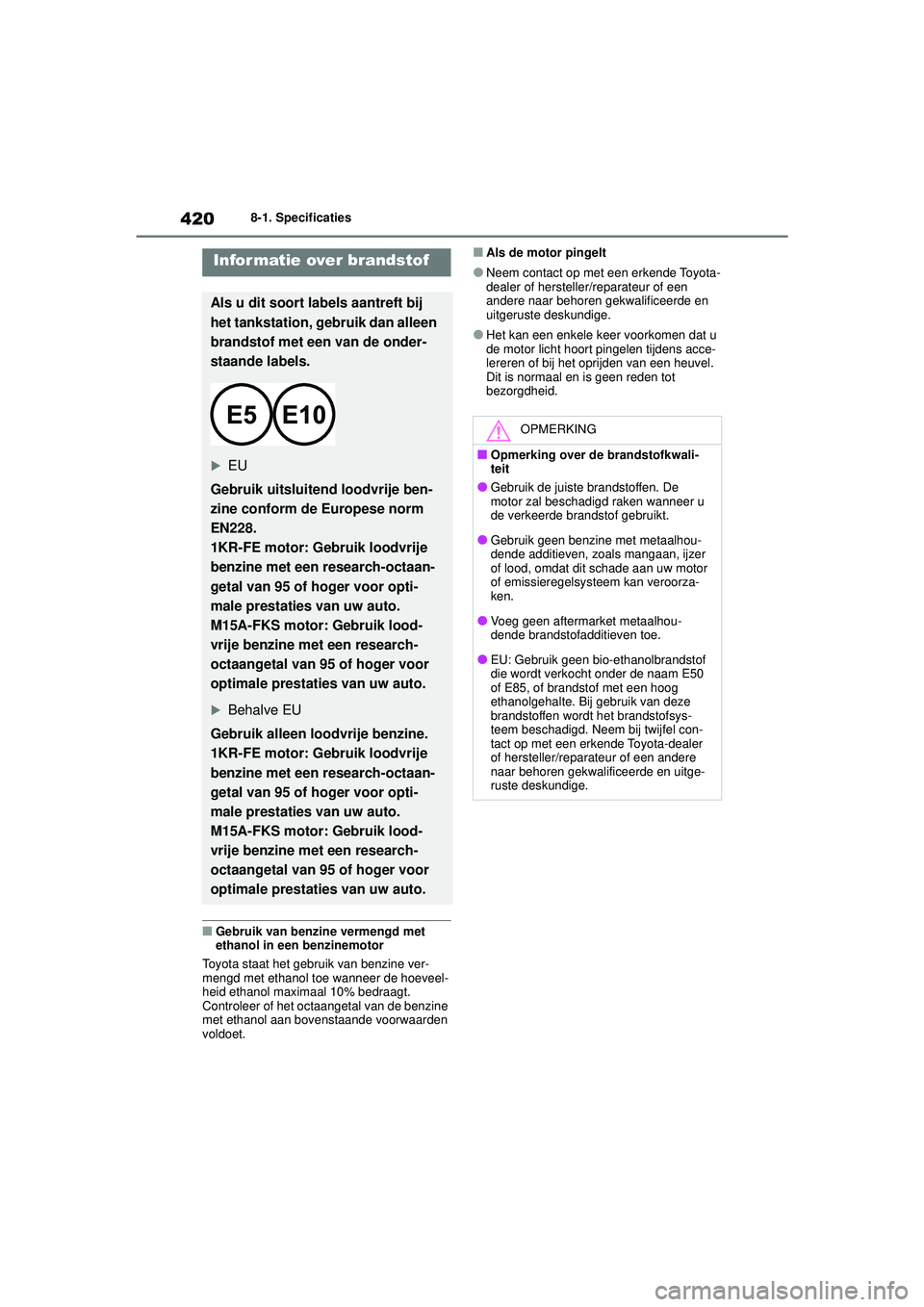 TOYOTA YARIS HATCHBACK 2021 Instructieboekje (in Dutch) 420
YARIS(HB) handleiding_Europa_MK0001_nl
8-1. Specificaties
■Gebruik van benzine vermengd met
ethanol in een benzinemotor
Toyota staat het gebruik van benzine ver-
mengd met ethanol toe wanneer d TOYOTA YARIS HATCHBACK 2021 Instructieboekje (in Dutch) 420
YARIS(HB) handleiding_Europa_MK0001_nl
8-1. Specificaties
■Gebruik van benzine vermengd met
ethanol in een benzinemotor
Toyota staat het gebruik van benzine ver-
mengd met ethanol toe wanneer d