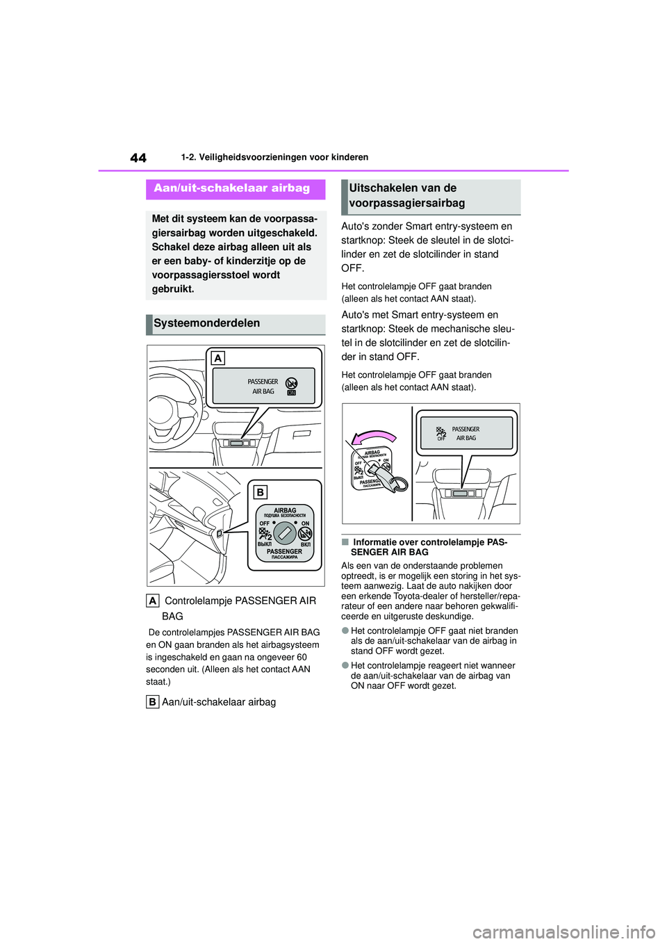 TOYOTA YARIS HATCHBACK 2021 Instructieboekje (in Dutch) 44
YARIS(HB) handleiding_Europa_MK0001_nl
1-2. Veiligheidsvoorzieningen voor kinderen
1-2.Veiligheidsvoorzieningen voor kinderen
Controlelampje PASSENGER AIR
BAG
De controlelampjes PASSENGER AIR BA TOYOTA YARIS HATCHBACK 2021 Instructieboekje (in Dutch) 44
YARIS(HB) handleiding_Europa_MK0001_nl
1-2. Veiligheidsvoorzieningen voor kinderen
1-2.Veiligheidsvoorzieningen voor kinderen
Controlelampje PASSENGER AIR
BAG
De controlelampjes PASSENGER AIR BA
