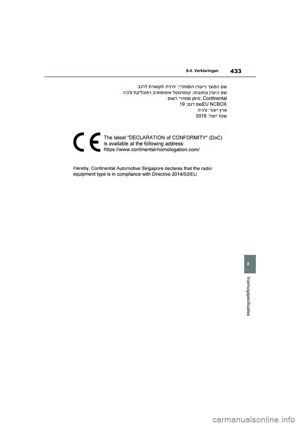 TOYOTA YARIS HATCHBACK 2021  Instructieboekje (in Dutch) 433
8
YARIS(HB) handleiding_Europa_MK0001_nl
8-4. Verklaringen
Voertuigspecificaties
YARIS(HB)_OM_Europe_OMK0001E.book  Page 433  Thursday, March 12, 2020  9:10 AM 