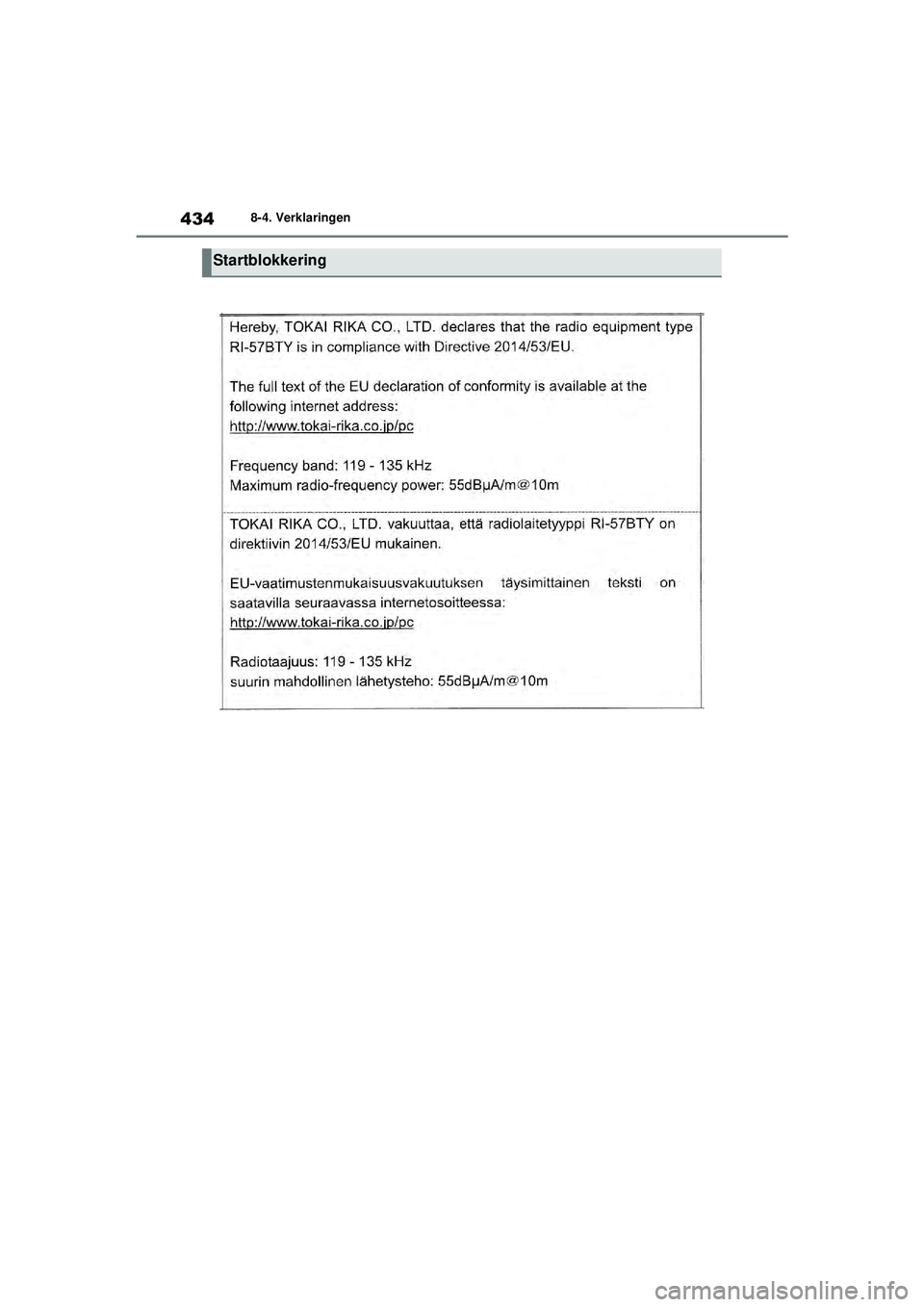 TOYOTA YARIS HATCHBACK 2021  Instructieboekje (in Dutch) 434
YARIS(HB) handleiding_Europa_MK0001_nl
8-4. Verklaringen
Startblokkering
YARIS(HB)_OM_Europe_OMK0001E.book  Page 434  Thursday, March 12, 2020  9:10 AM 