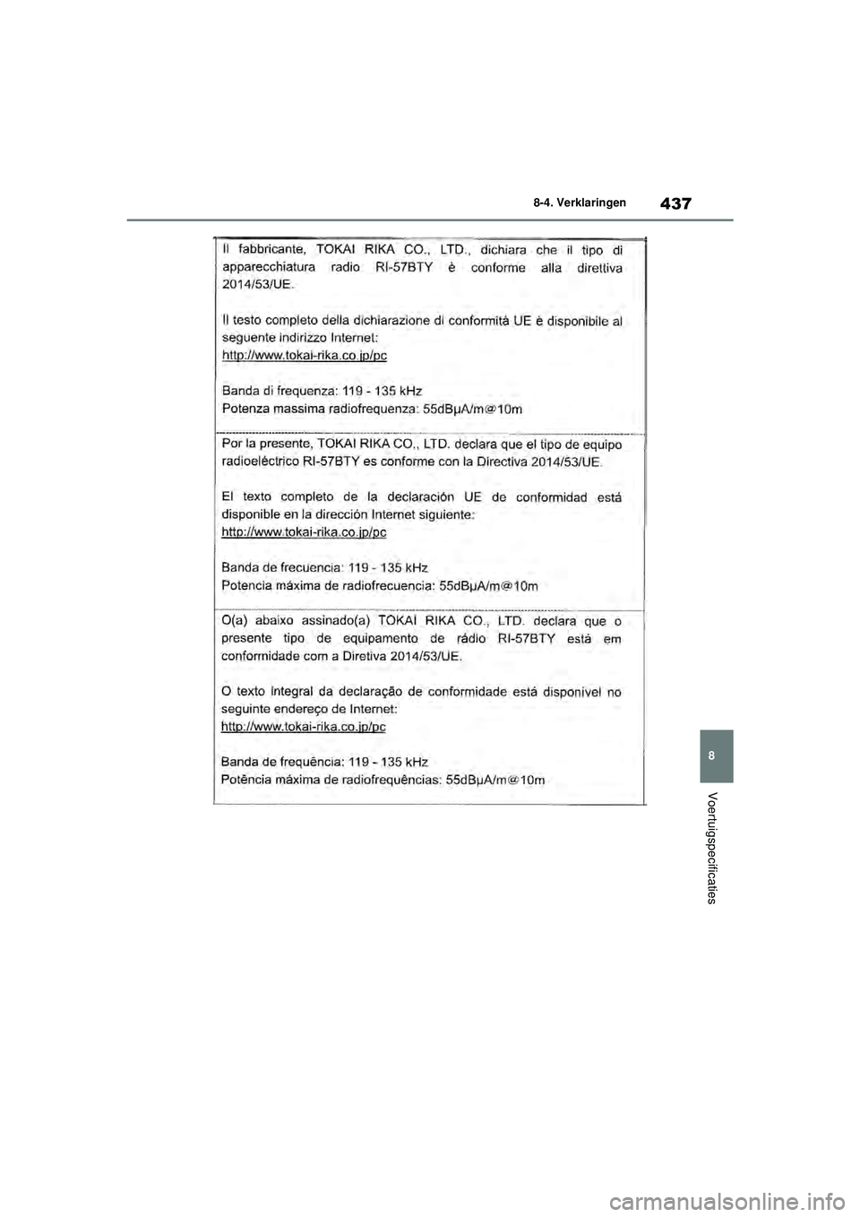 TOYOTA YARIS HATCHBACK 2021  Instructieboekje (in Dutch) 437
8
YARIS(HB) handleiding_Europa_MK0001_nl
8-4. Verklaringen
Voertuigspecificaties
YARIS(HB)_OM_Europe_OMK0001E.book  Page 437  Thursday, March 12, 2020  9:10 AM 