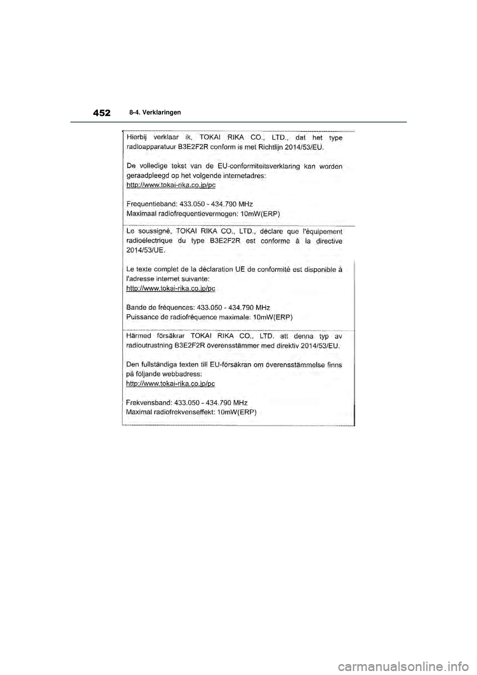 TOYOTA YARIS HATCHBACK 2021  Instructieboekje (in Dutch) 452
YARIS(HB) handleiding_Europa_MK0001_nl
8-4. Verklaringen
YARIS(HB)_OM_Europe_OMK0001E.book  Page 452  Thursday, March 12, 2020  9:10 AM 