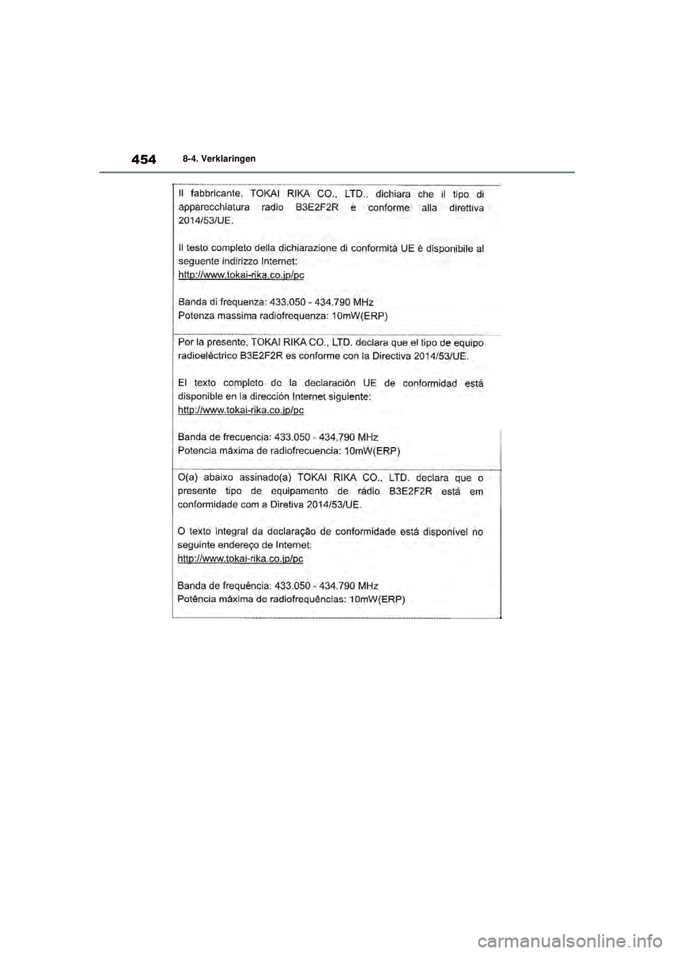 TOYOTA YARIS HATCHBACK 2021  Instructieboekje (in Dutch) 454
YARIS(HB) handleiding_Europa_MK0001_nl
8-4. Verklaringen
YARIS(HB)_OM_Europe_OMK0001E.book  Page 454  Thursday, March 12, 2020  9:10 AM 