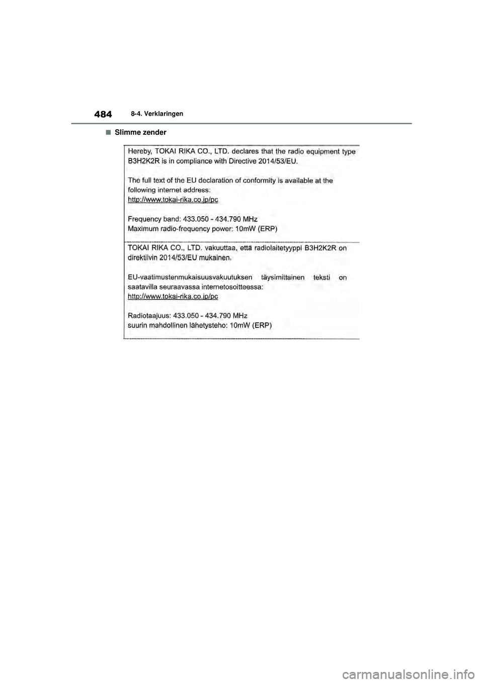 TOYOTA YARIS HATCHBACK 2021  Instructieboekje (in Dutch) 484
YARIS(HB) handleiding_Europa_MK0001_nl
8-4. Verklaringen
■Slimme zender
YARIS(HB)_OM_Europe_OMK0001E.book  Page 484  Thursday, March 12, 2020  9:10 AM 