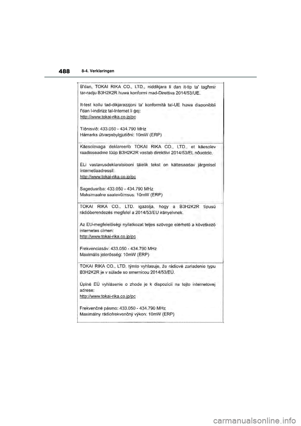 TOYOTA YARIS HATCHBACK 2021  Instructieboekje (in Dutch) 488
YARIS(HB) handleiding_Europa_MK0001_nl
8-4. Verklaringen
YARIS(HB)_OM_Europe_OMK0001E.book  Page 488  Thursday, March 12, 2020  9:10 AM 